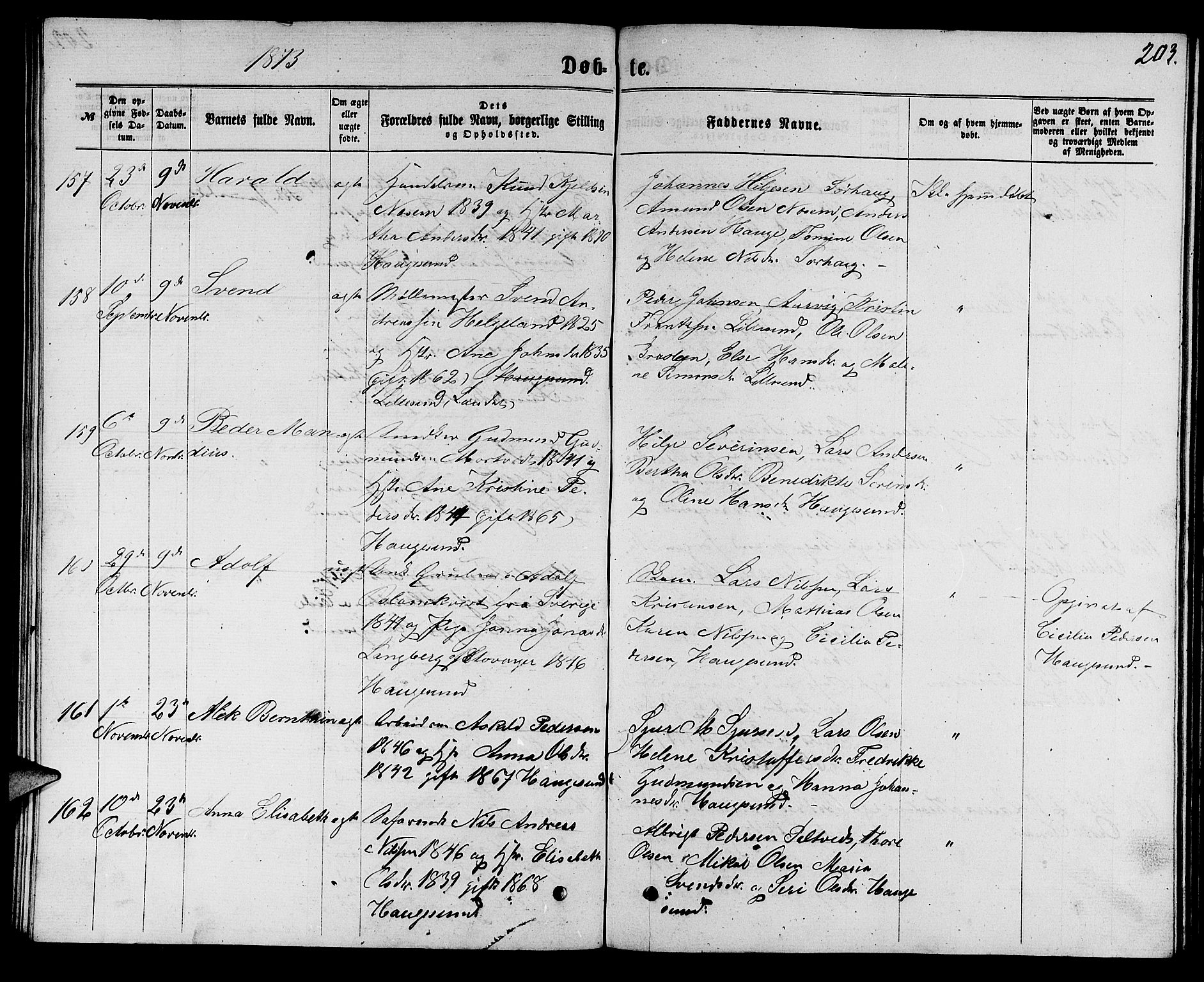 Torvastad sokneprestkontor, SAST/A -101857/H/Ha/Hab/L0007: Parish register (copy) no. B 7, 1866-1873, p. 203