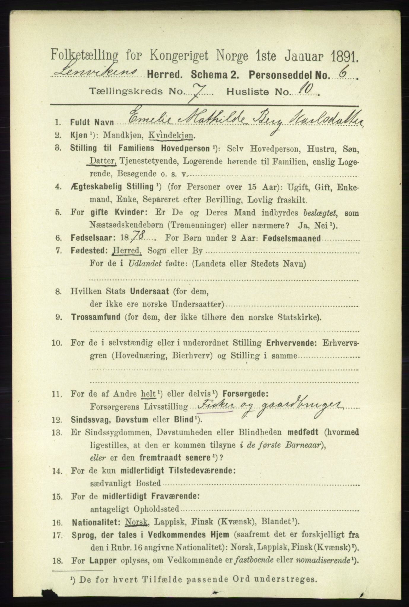 RA, 1891 census for 1931 Lenvik, 1891, p. 3835