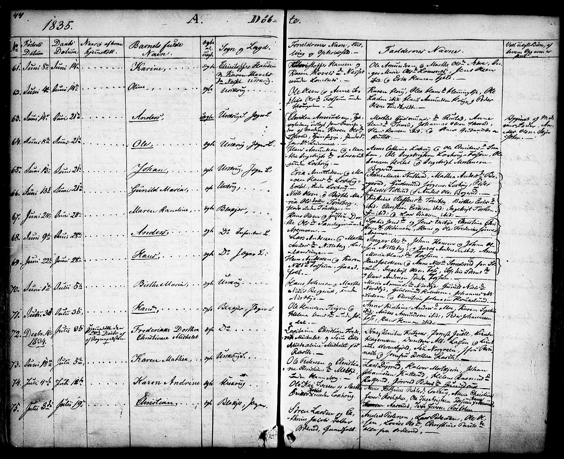 Aurskog prestekontor Kirkebøker, SAO/A-10304a/F/Fa/L0006: Parish register (official) no. I 6, 1829-1853, p. 44