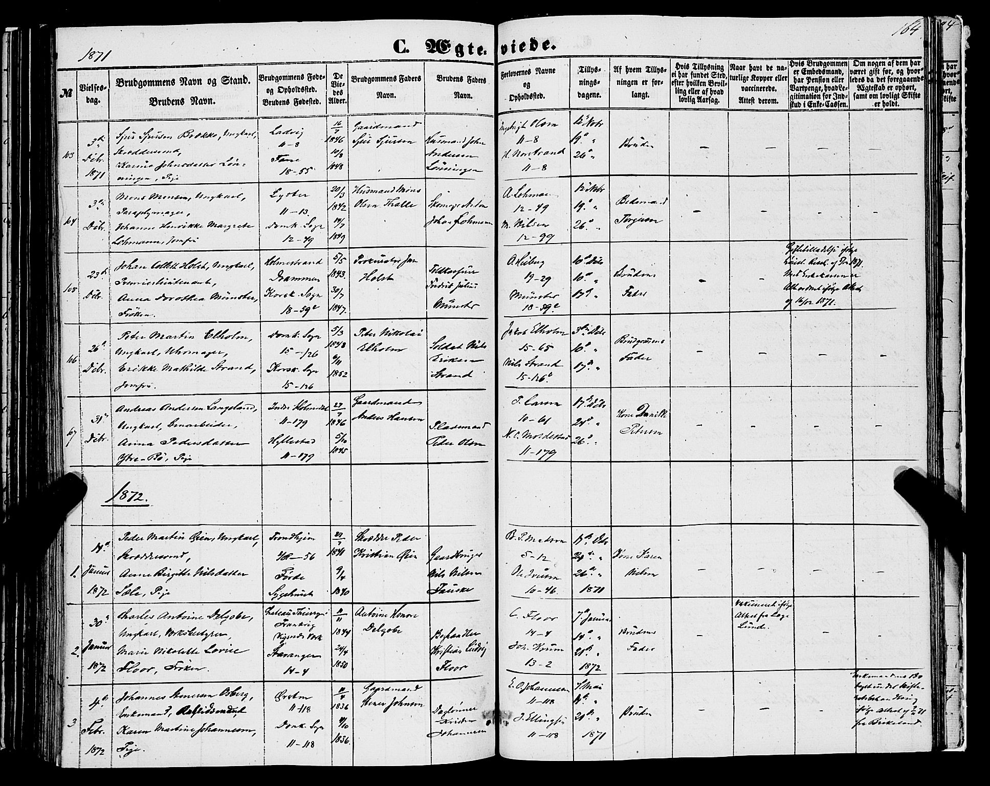 Domkirken sokneprestembete, SAB/A-74801/H/Haa/L0034: Parish register (official) no. D 2, 1853-1874, p. 164