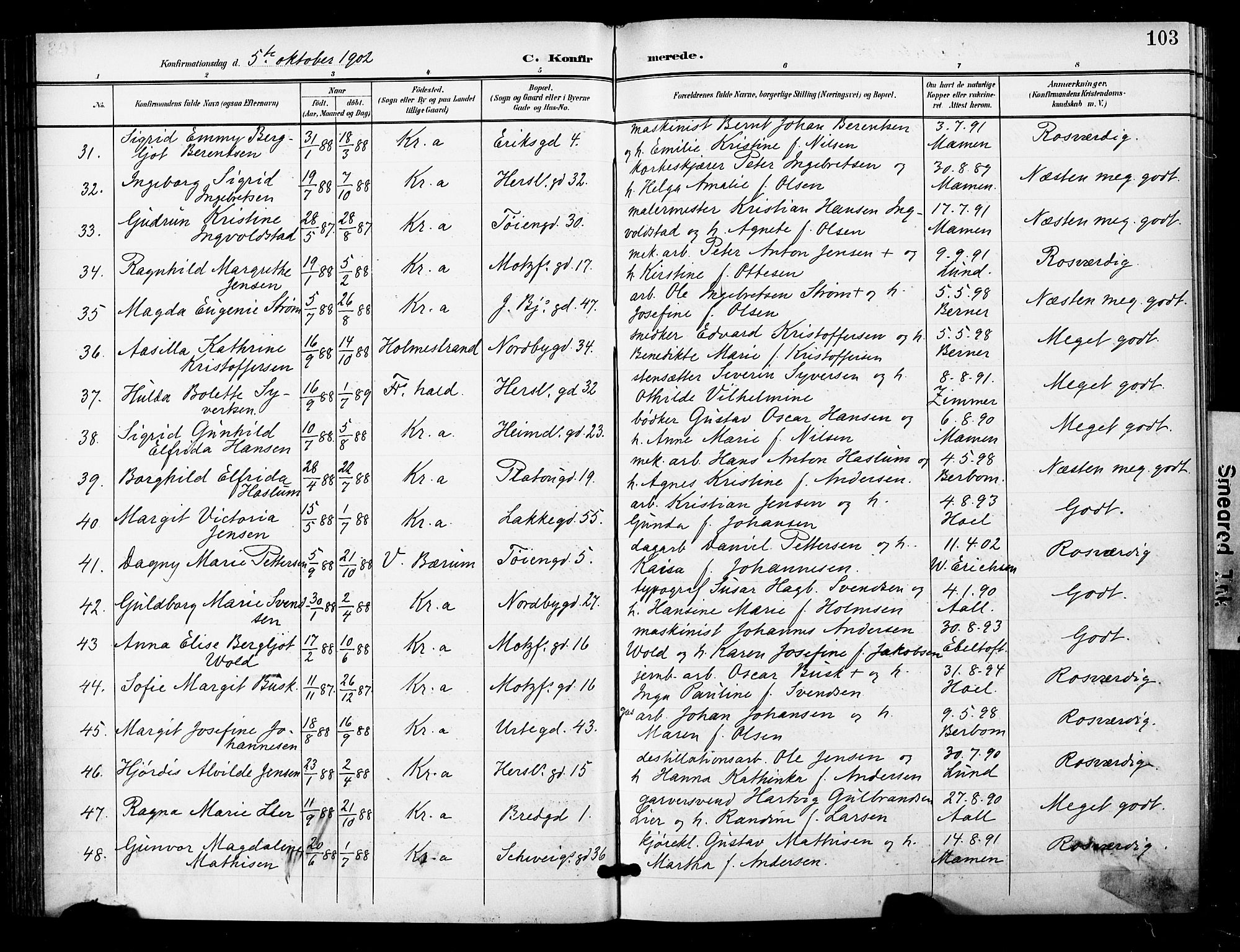 Grønland prestekontor Kirkebøker, SAO/A-10848/F/Fa/L0015: Parish register (official) no. 15, 1899-1919, p. 103
