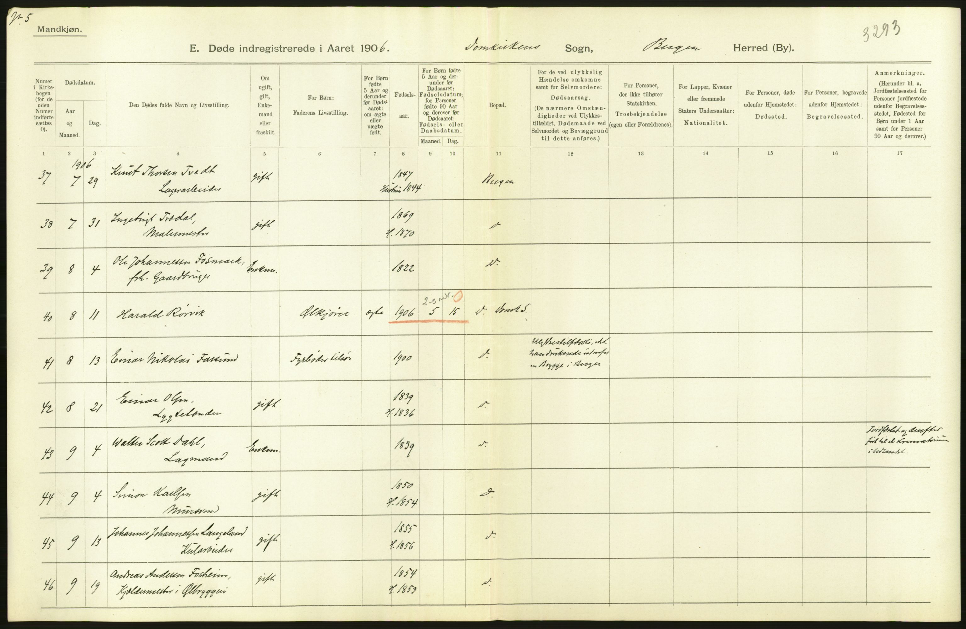 Statistisk sentralbyrå, Sosiodemografiske emner, Befolkning, AV/RA-S-2228/D/Df/Dfa/Dfad/L0032: Bergen: Gifte, døde, dødfødte., 1906, p. 6