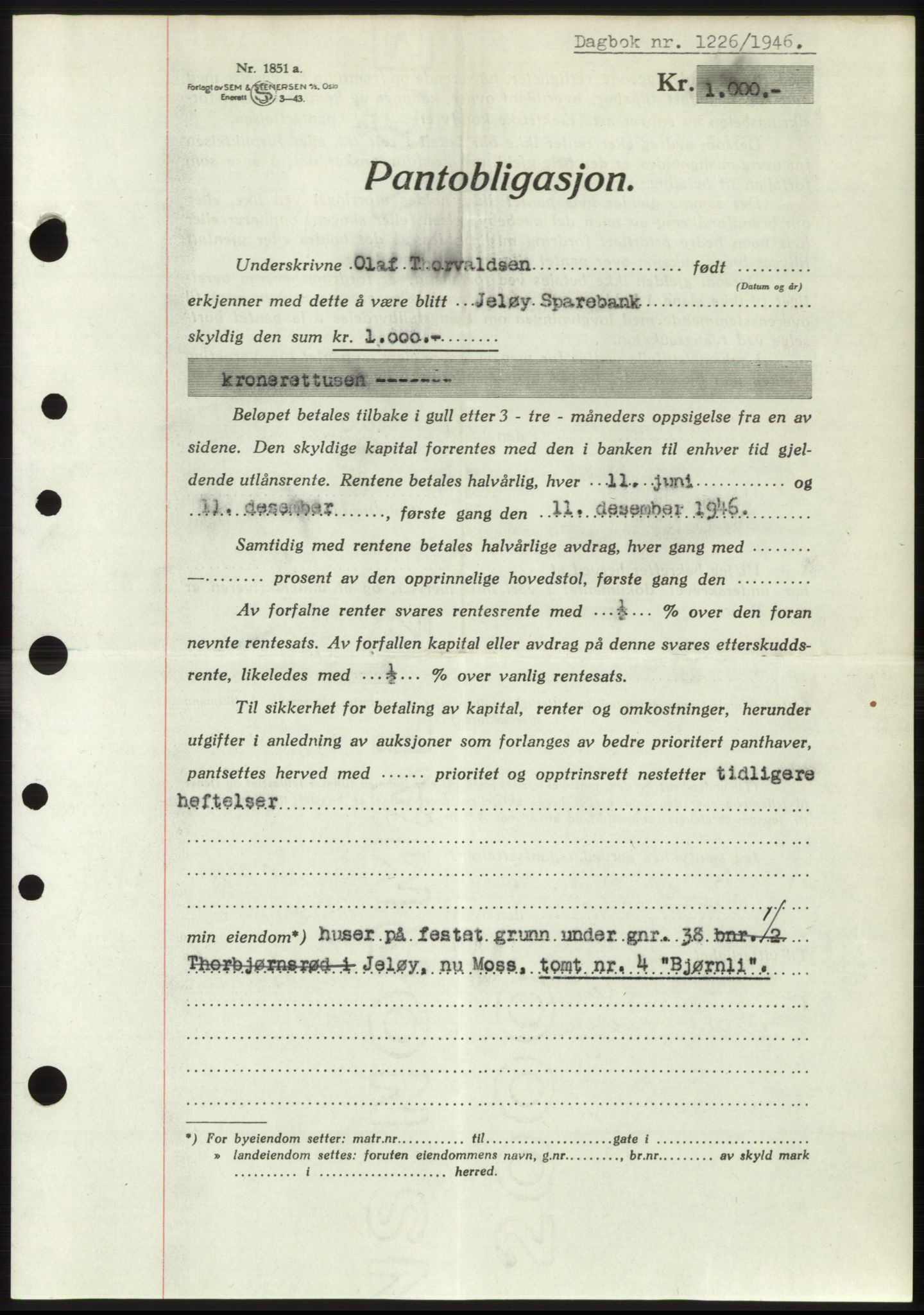 Moss sorenskriveri, AV/SAO-A-10168: Mortgage book no. B15, 1946-1946, Diary no: : 1226/1946