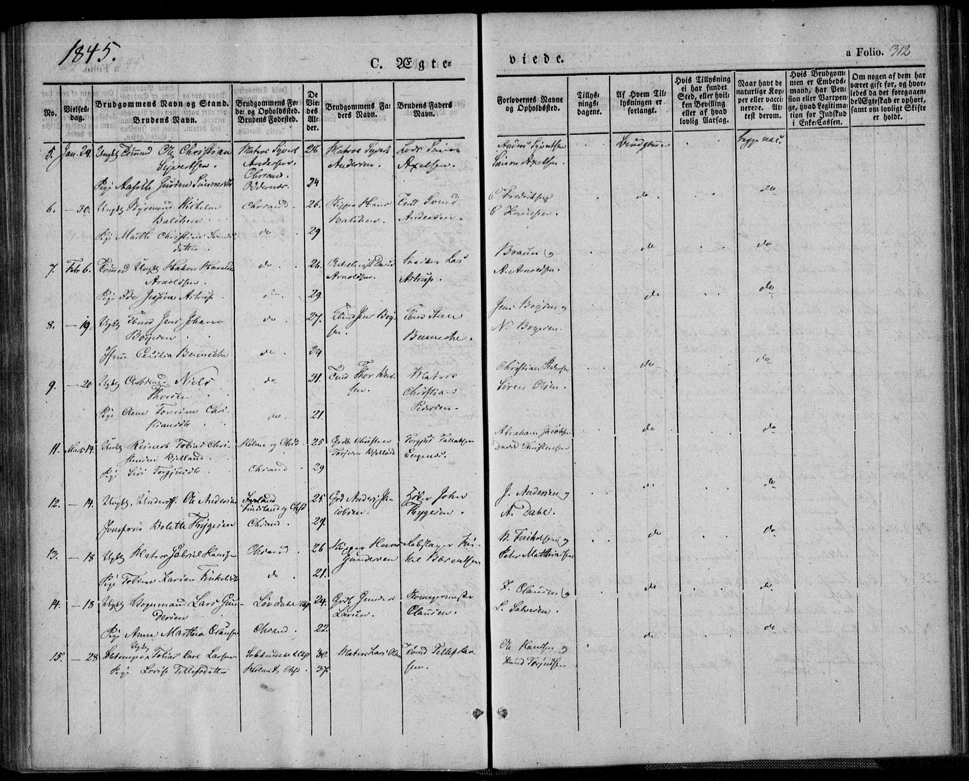 Kristiansand domprosti, AV/SAK-1112-0006/F/Fa/L0013: Parish register (official) no. A 13, 1842-1851, p. 312