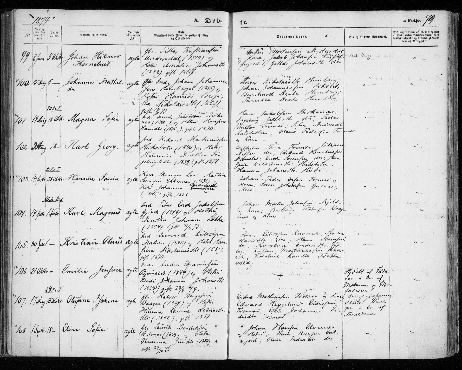 Tromsøysund sokneprestkontor, AV/SATØ-S-1304/G/Ga/L0002kirke: Parish register (official) no. 2, 1867-1875, p. 79