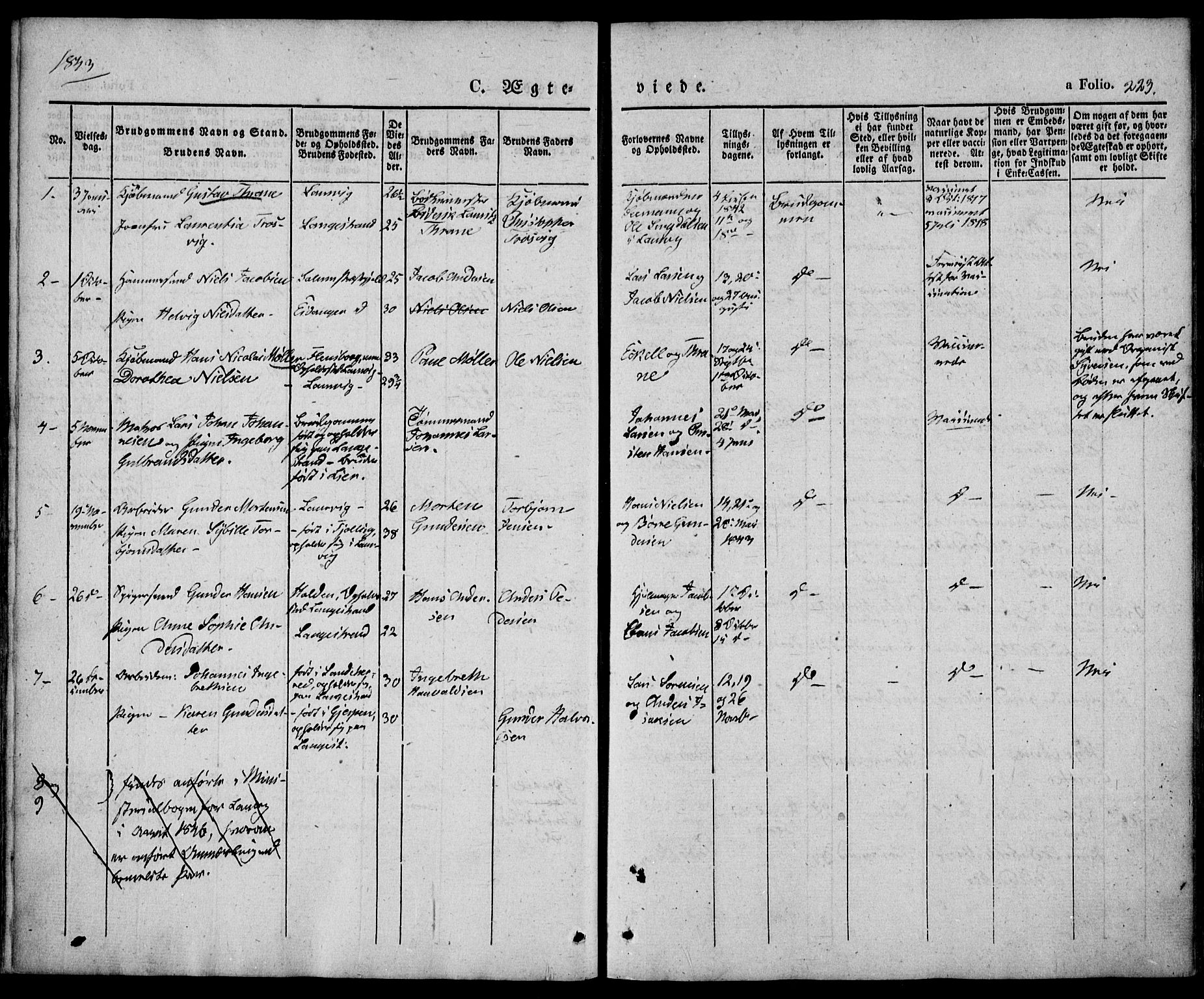 Larvik kirkebøker, SAKO/A-352/F/Fb/L0003: Parish register (official) no. II 3, 1842-1856, p. 223