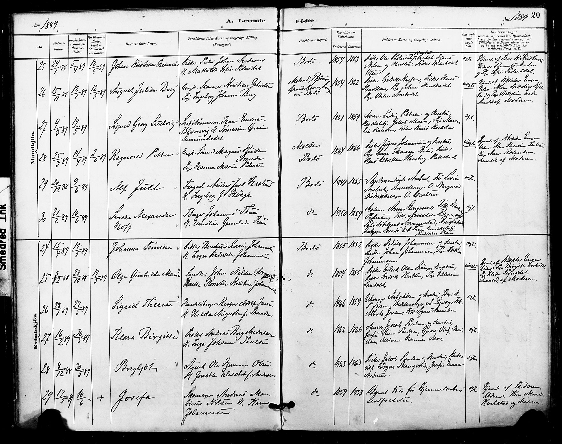 Ministerialprotokoller, klokkerbøker og fødselsregistre - Nordland, AV/SAT-A-1459/801/L0010: Parish register (official) no. 801A10, 1888-1899, p. 20