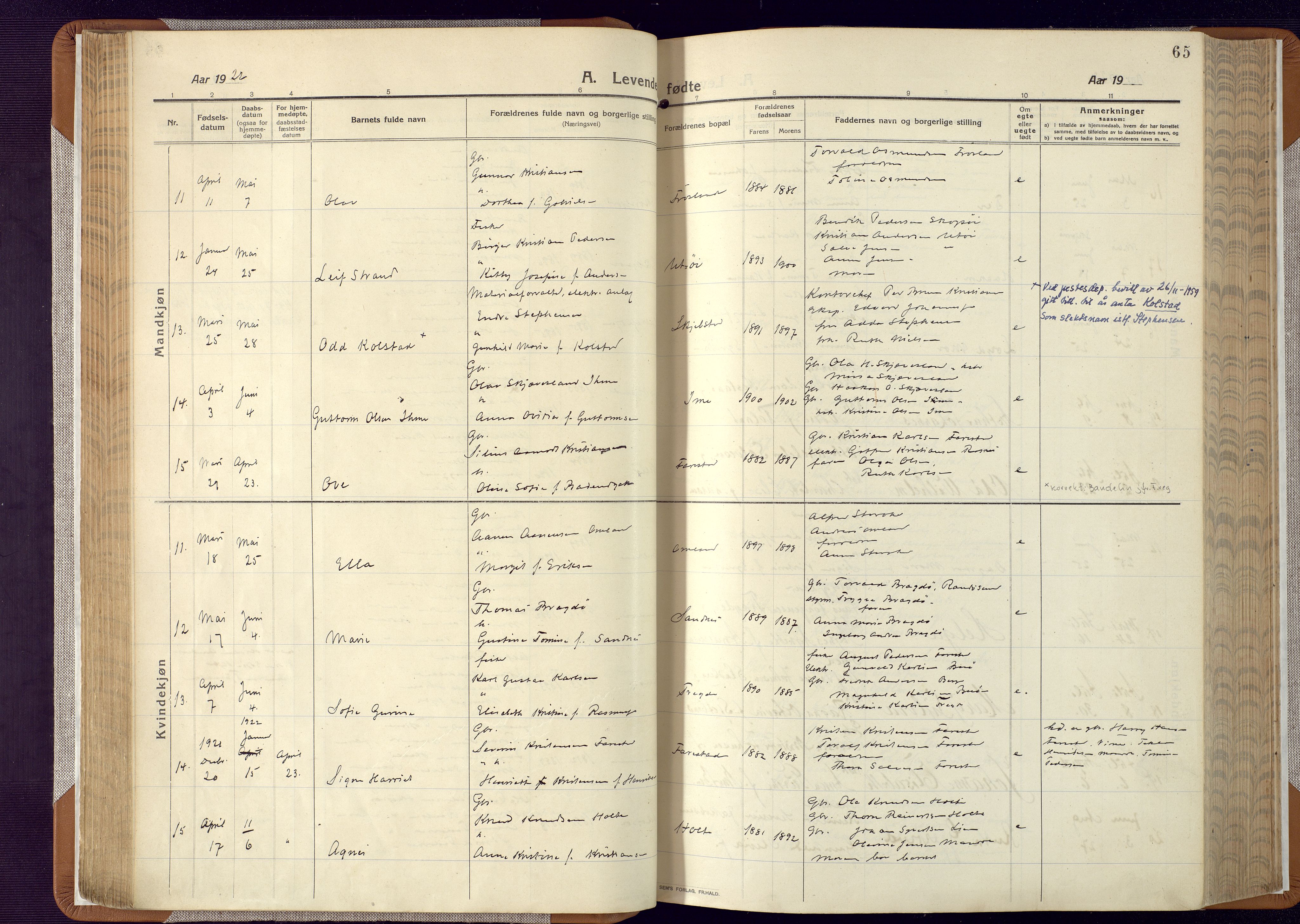 Mandal sokneprestkontor, AV/SAK-1111-0030/F/Fa/Faa/L0022: Parish register (official) no. A 22, 1913-1925, p. 65