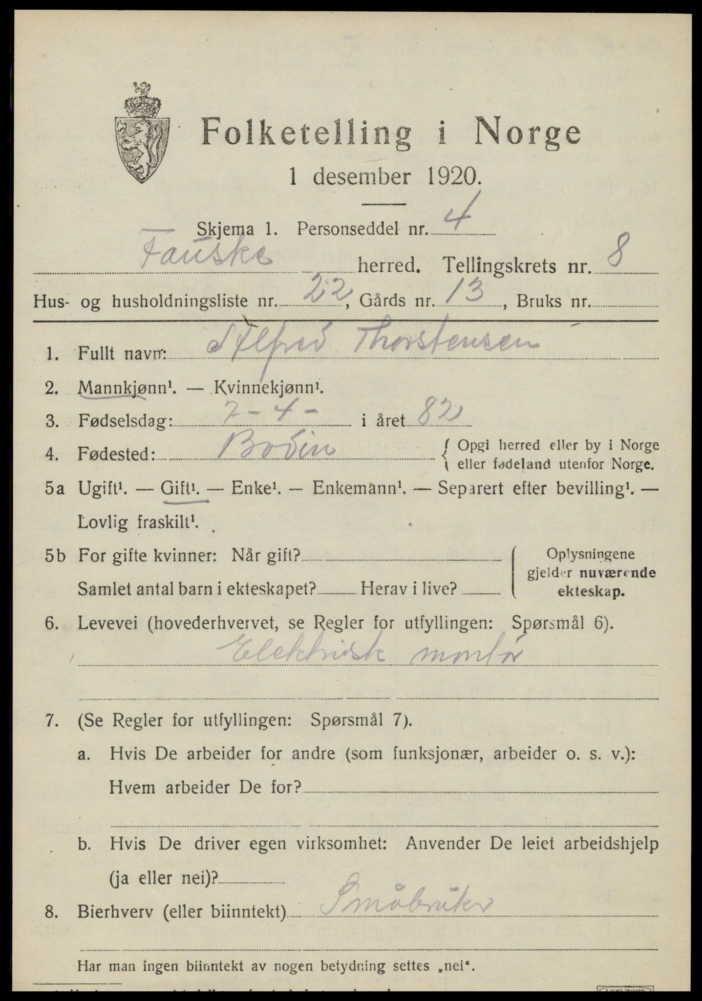 SAT, 1920 census for Fauske, 1920, p. 6624