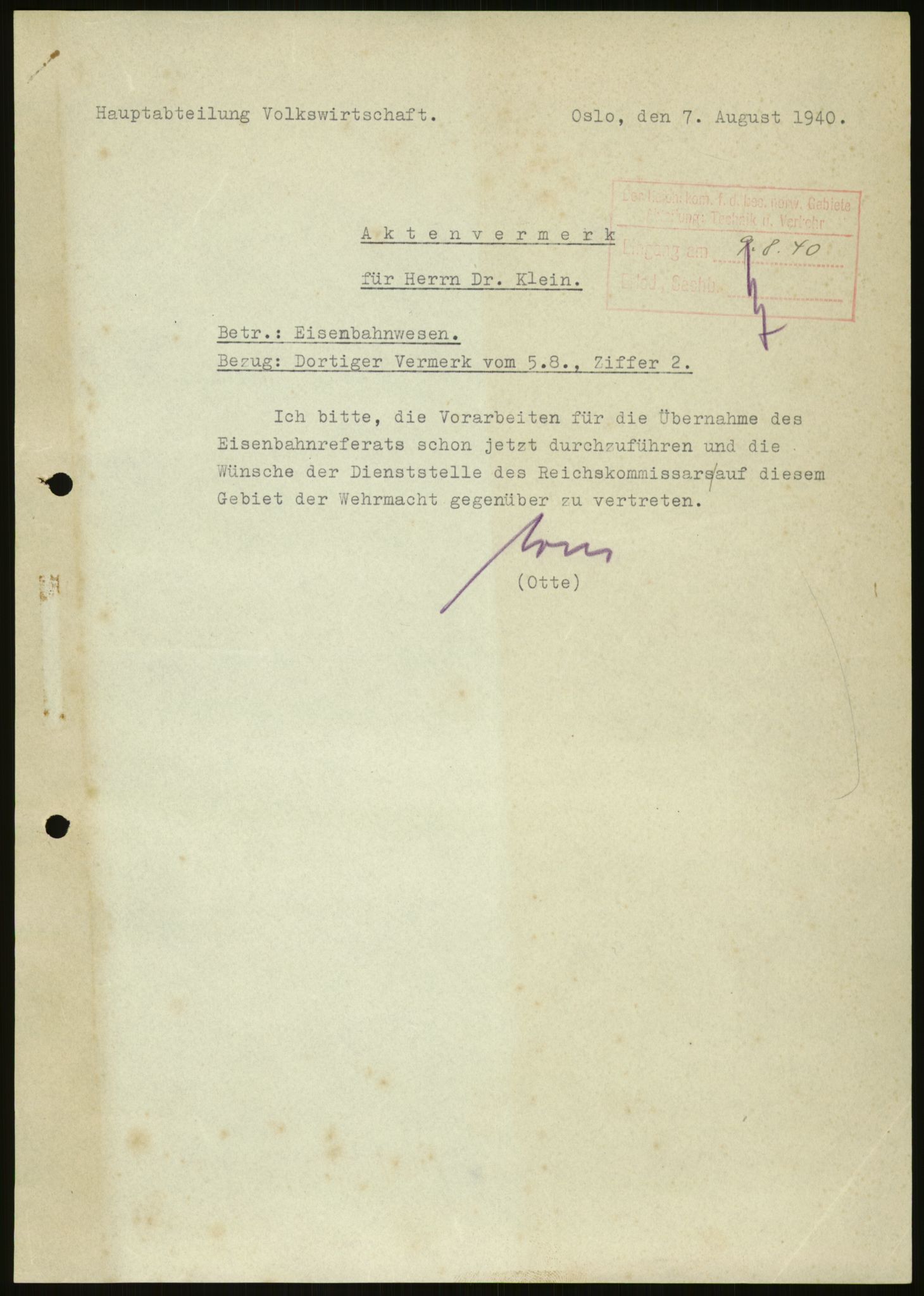 Tyske arkiver, Organisation Todt (OT), Einsatzgruppe Wiking, AV/RA-RAFA-2188/2/H/He/0084 / Ni mapper fra en perm, mp 5/9 Eisenbahnwesen, 1940, p. 5