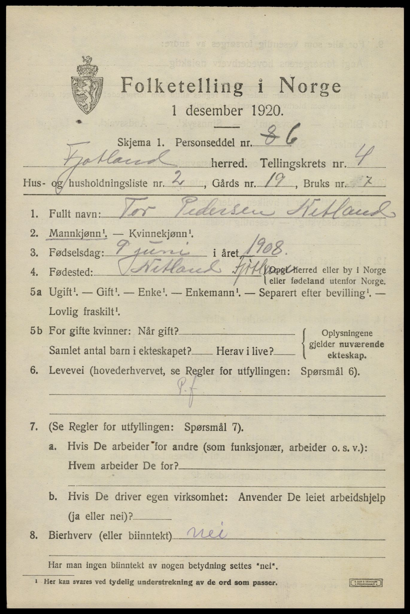 SAK, 1920 census for Fjotland, 1920, p. 1204