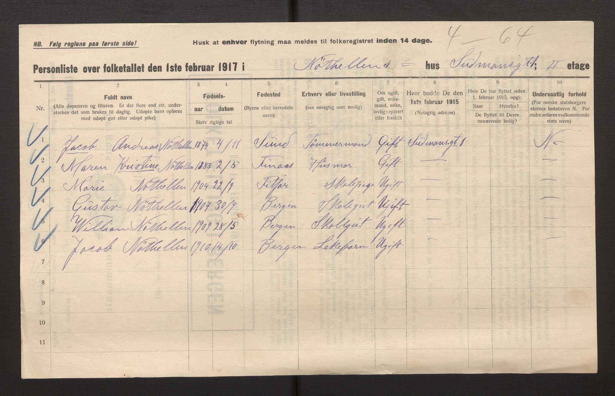 SAB, Municipal Census 1917 for Bergen, 1917, p. 47508