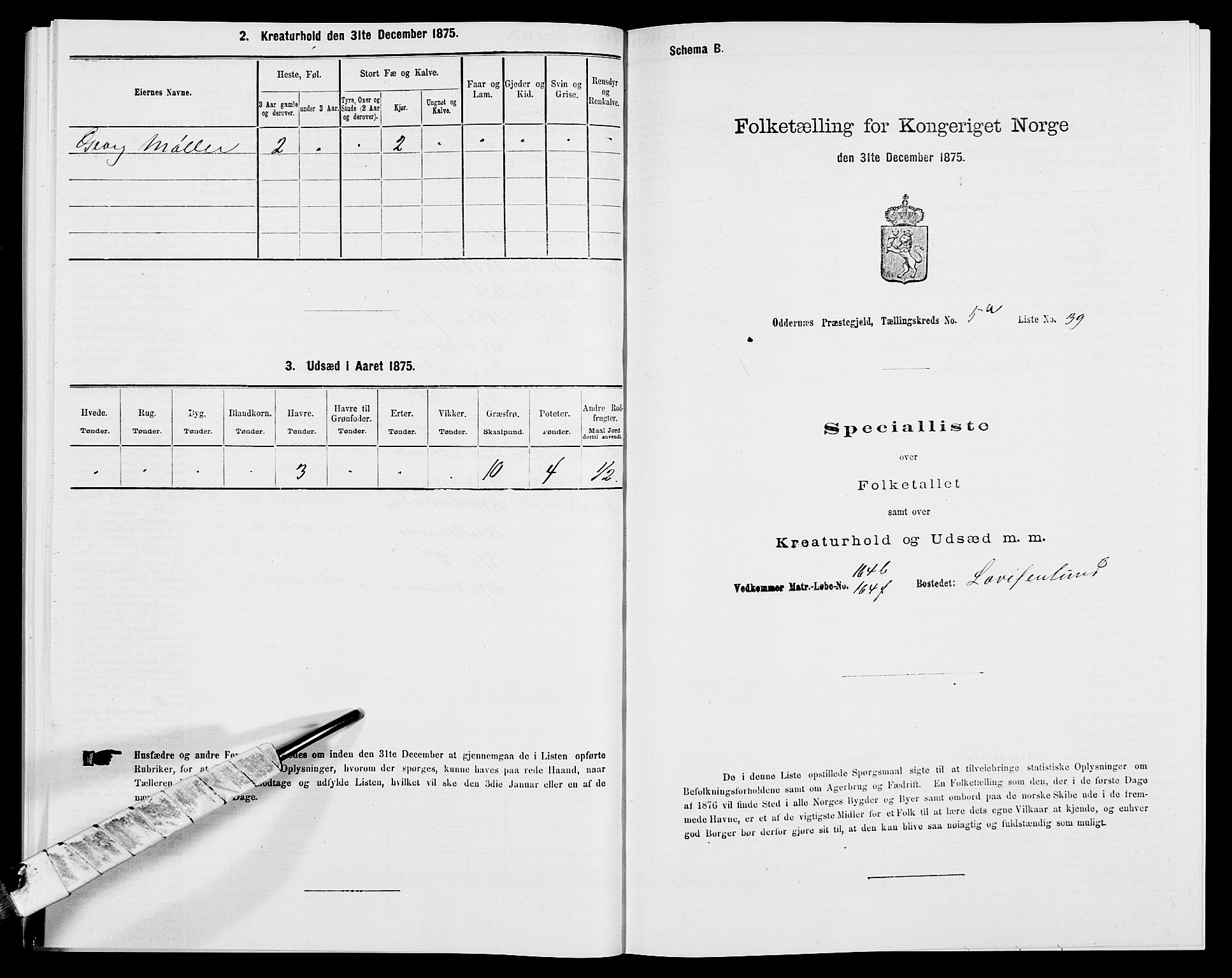 SAK, 1875 census for 1012P Oddernes, 1875, p. 801