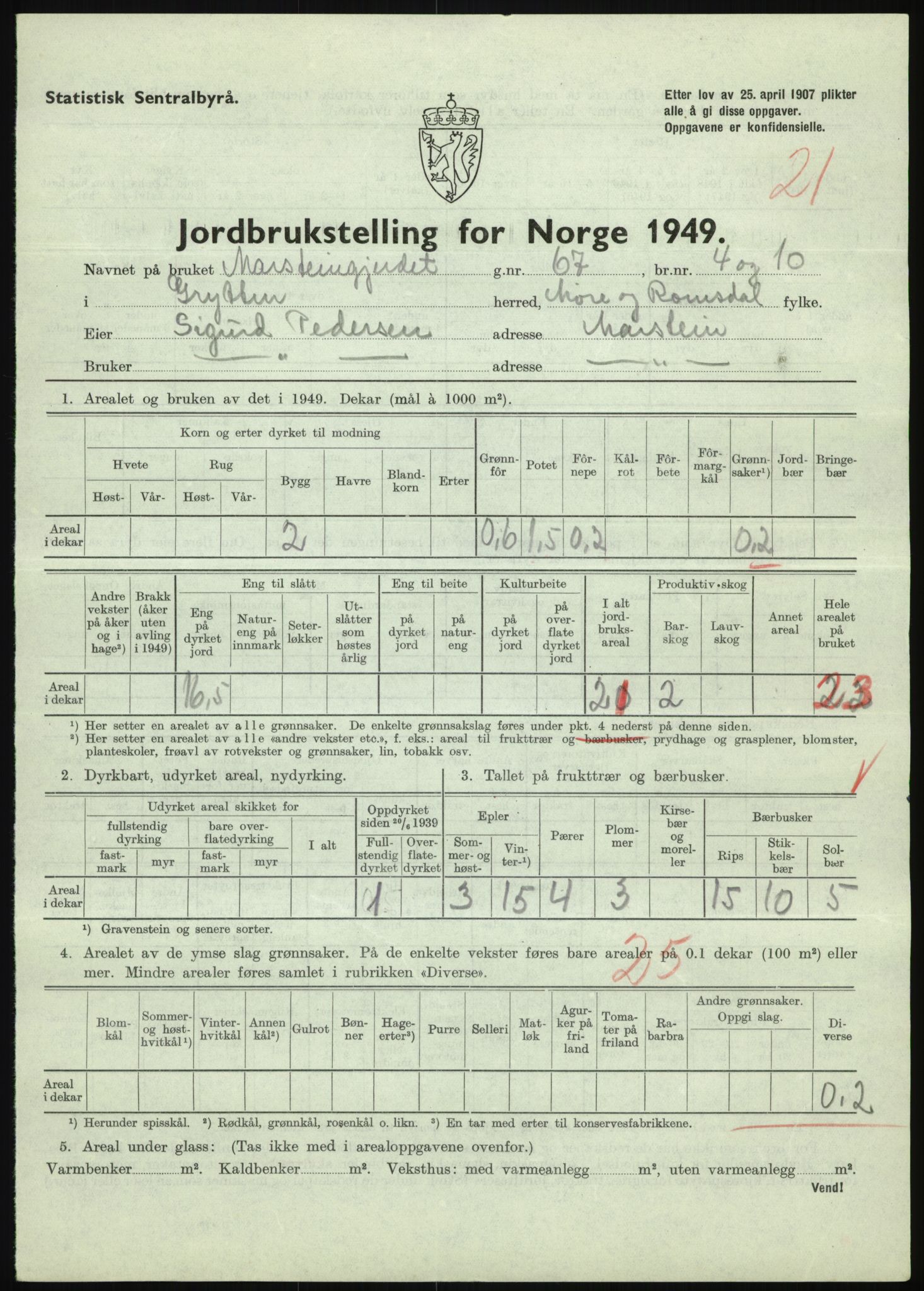 Statistisk sentralbyrå, Næringsøkonomiske emner, Jordbruk, skogbruk, jakt, fiske og fangst, AV/RA-S-2234/G/Gc/L0323: Møre og Romsdal: Grytten og Hen, 1949, p. 127