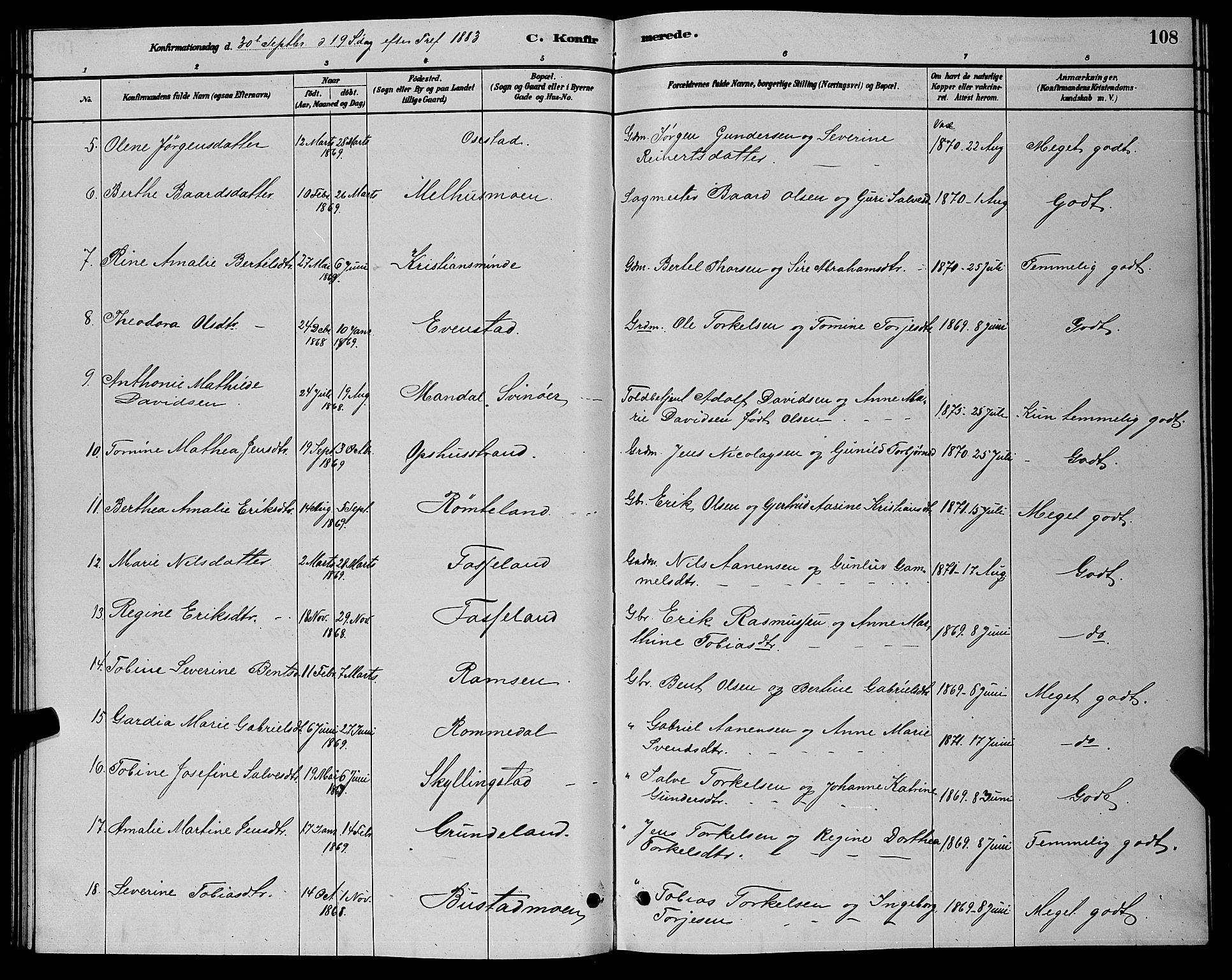 Sør-Audnedal sokneprestkontor, SAK/1111-0039/F/Fb/Fbb/L0005: Parish register (copy) no. B 5, 1880-1892, p. 108