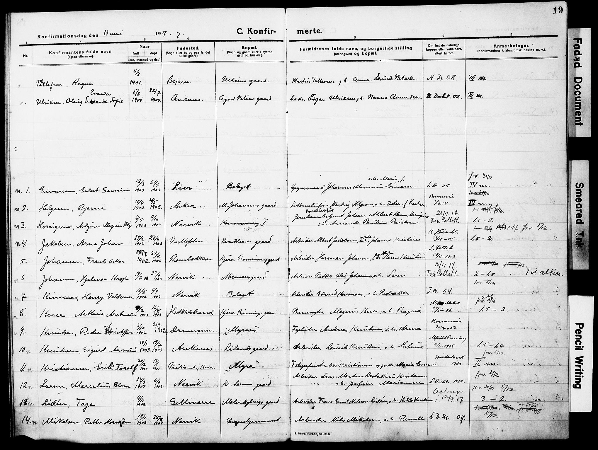 Ministerialprotokoller, klokkerbøker og fødselsregistre - Nordland, AV/SAT-A-1459/871/L0989: Parish register (official) no. 871A05, 1915-1922, p. 19