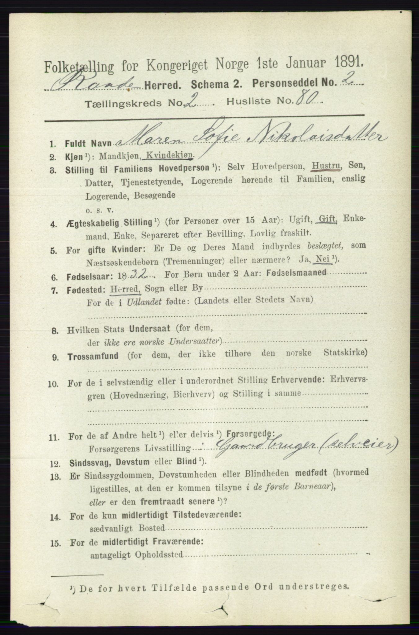 RA, 1891 census for 0135 Råde, 1891, p. 1083