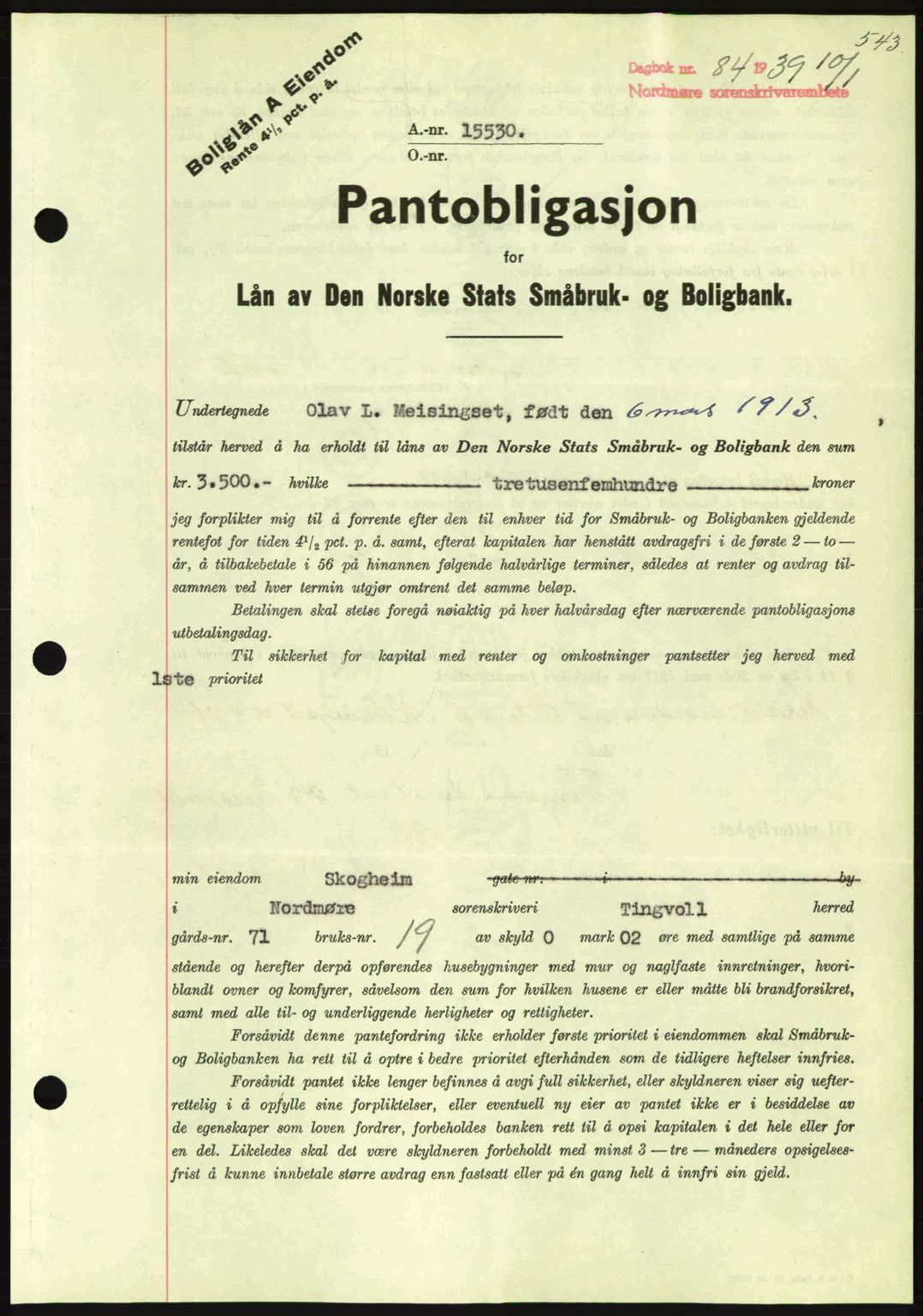 Nordmøre sorenskriveri, SAT/A-4132/1/2/2Ca: Mortgage book no. B84, 1938-1939, Diary no: : 84/1939