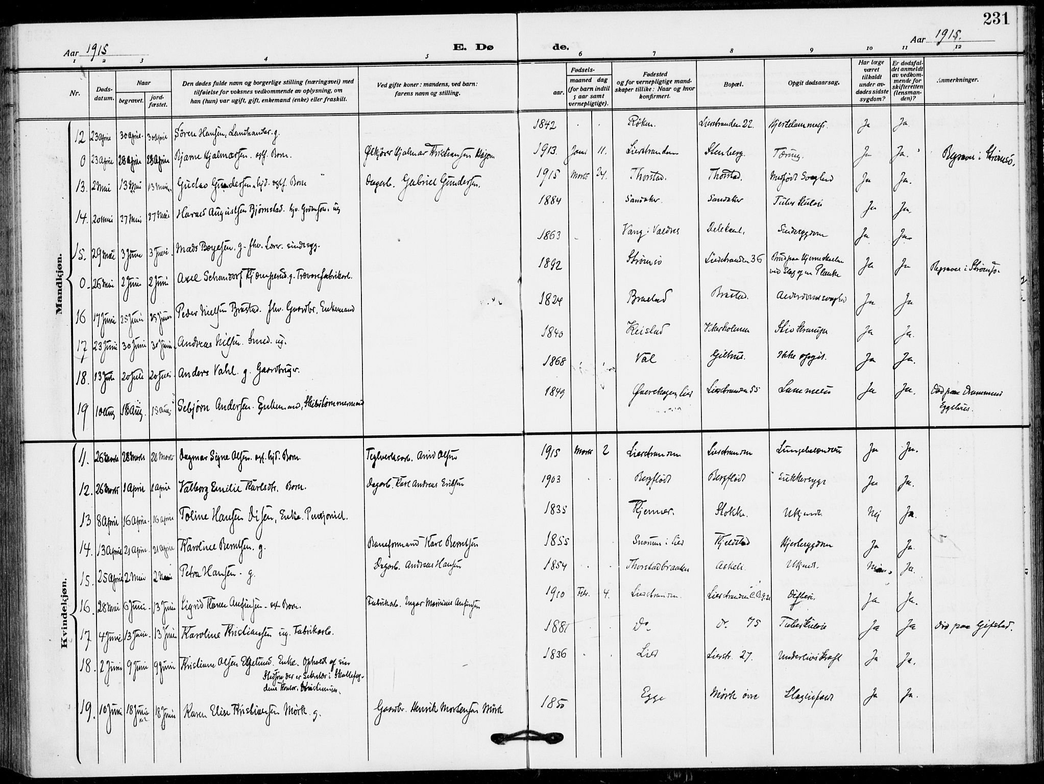 Lier kirkebøker, AV/SAKO-A-230/F/Fa/L0018: Parish register (official) no. I 18, 1909-1917, p. 231