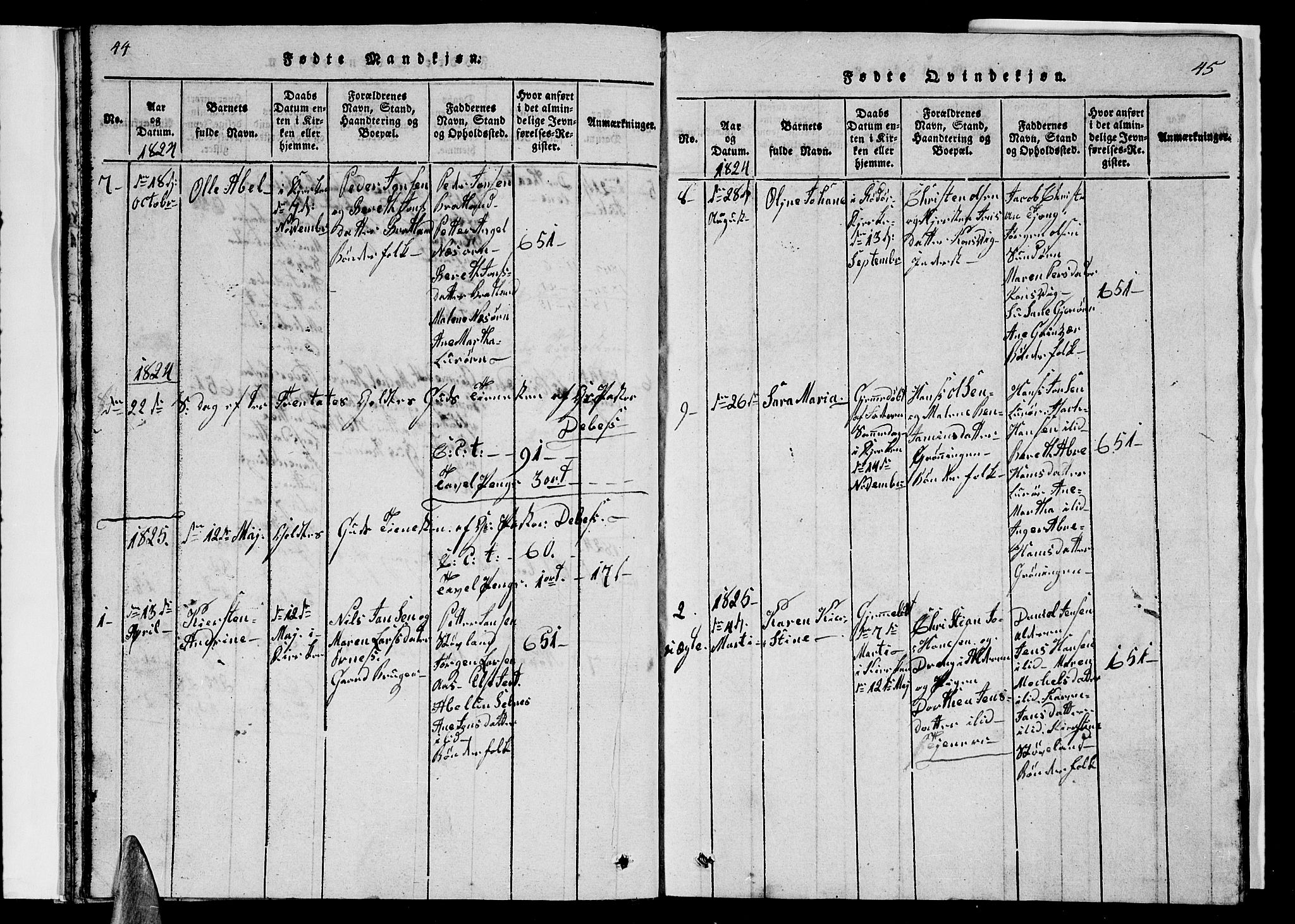 Ministerialprotokoller, klokkerbøker og fødselsregistre - Nordland, SAT/A-1459/839/L0571: Parish register (copy) no. 839C01, 1820-1840, p. 44-45