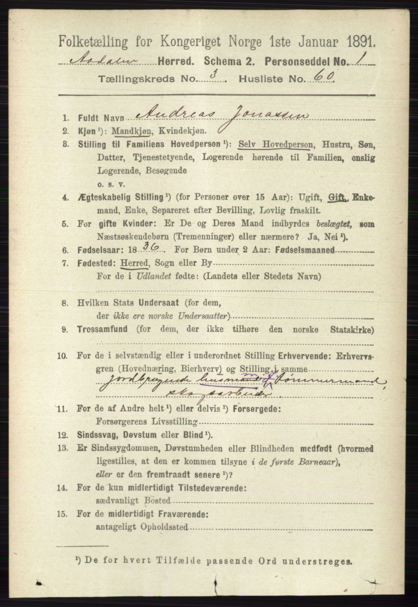 RA, 1891 census for 0614 Ådal, 1891, p. 1444