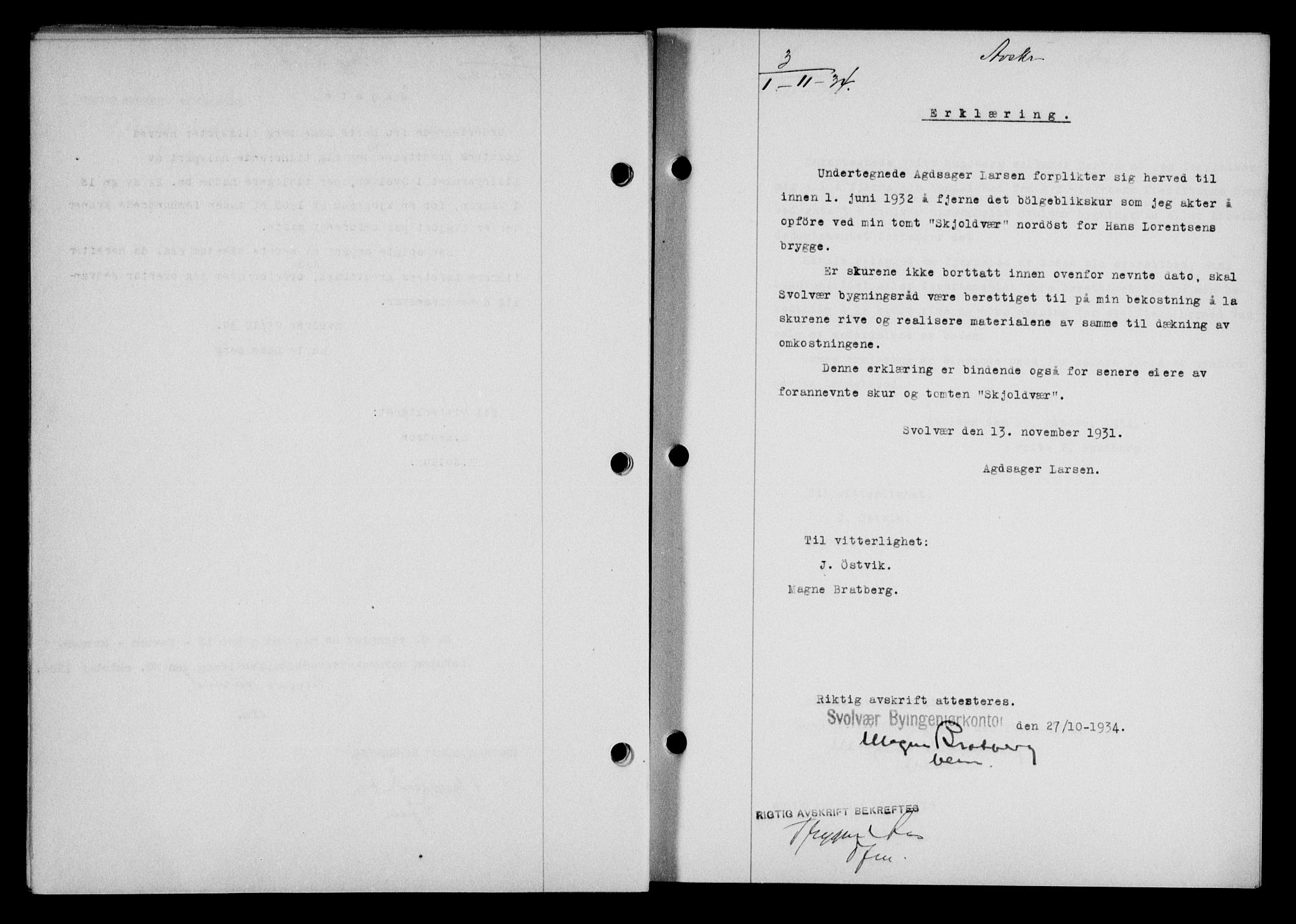 Lofoten sorenskriveri, AV/SAT-A-0017/1/2/2C/L0030b: Mortgage book no. 30b, 1934-1934, Deed date: 01.11.1934