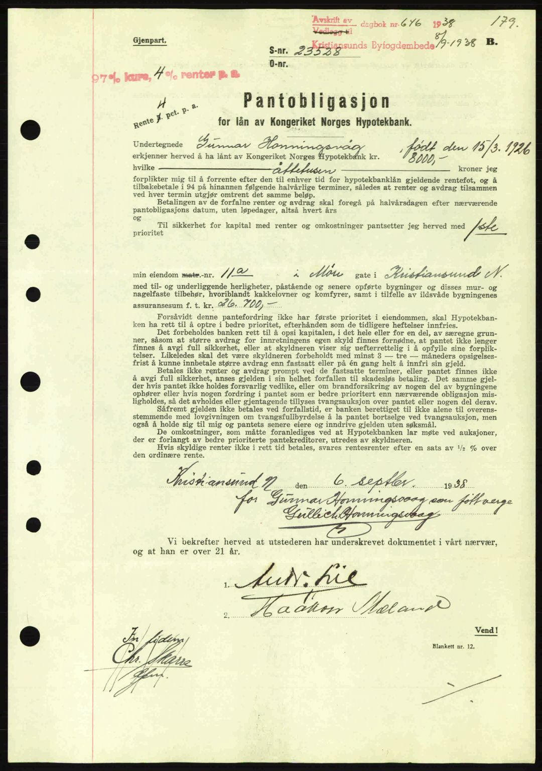 Kristiansund byfogd, AV/SAT-A-4587/A/27: Mortgage book no. 31, 1938-1939, Diary no: : 646/1938