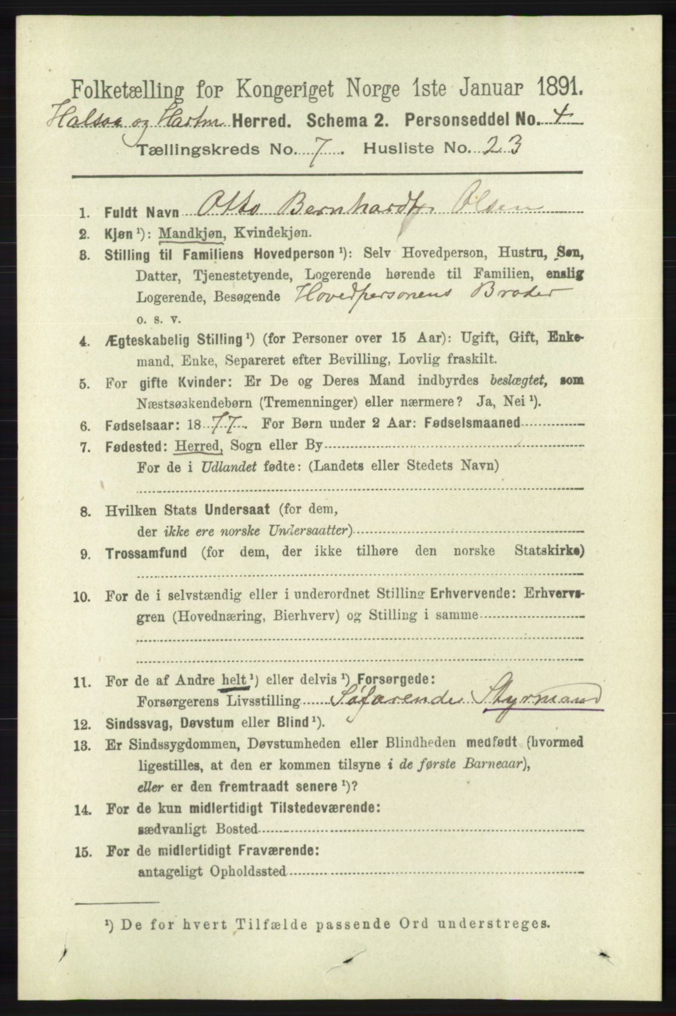 RA, 1891 census for 1019 Halse og Harkmark, 1891, p. 2886