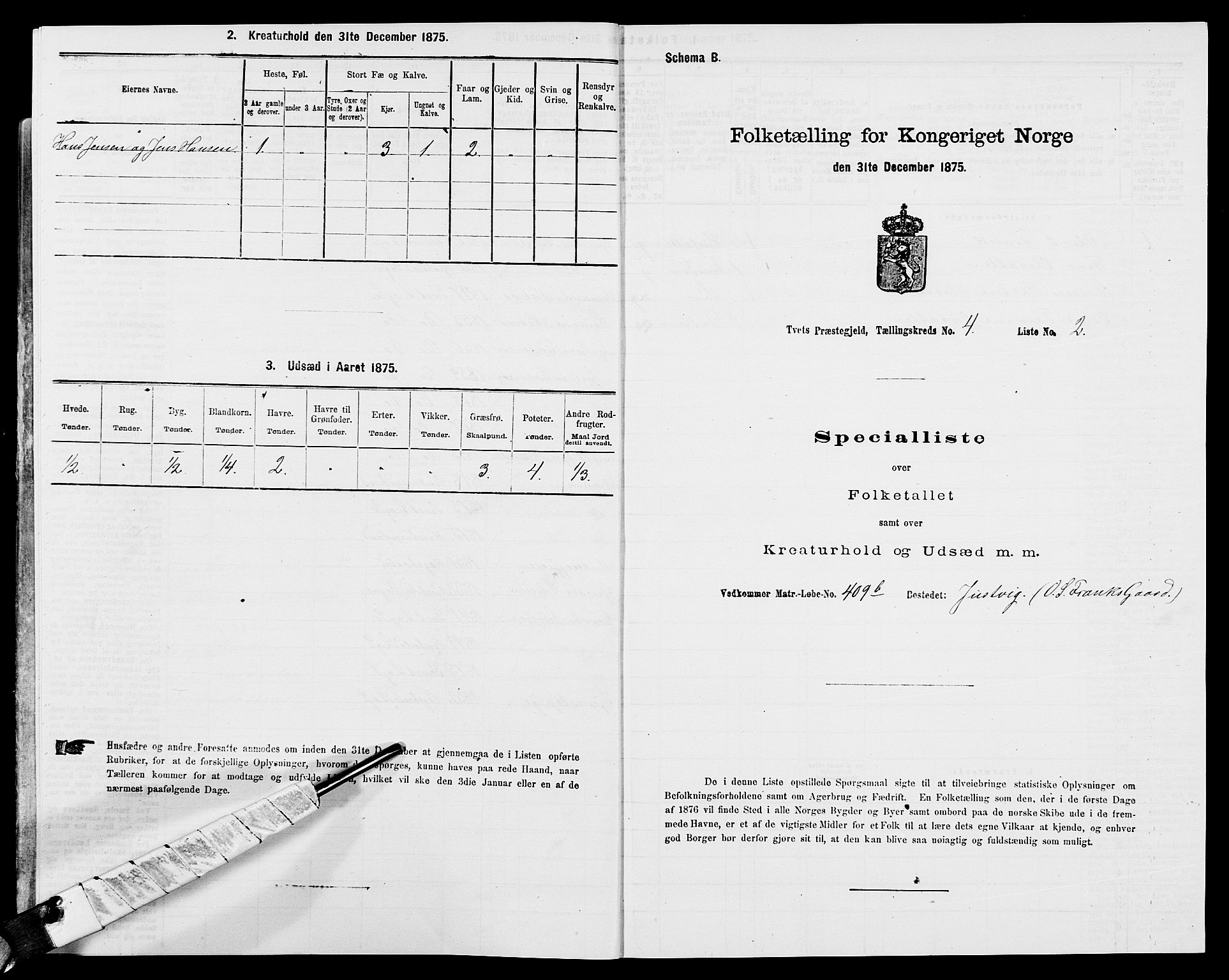 SAK, 1875 census for 1013P Tveit, 1875, p. 505