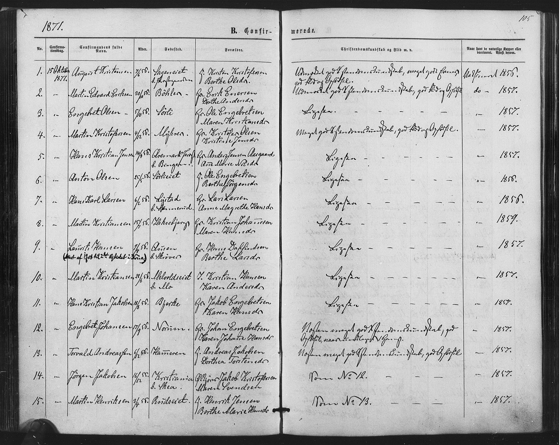 Sørum prestekontor Kirkebøker, SAO/A-10303/F/Fa/L0006: Parish register (official) no. I 6, 1864-1877, p. 105