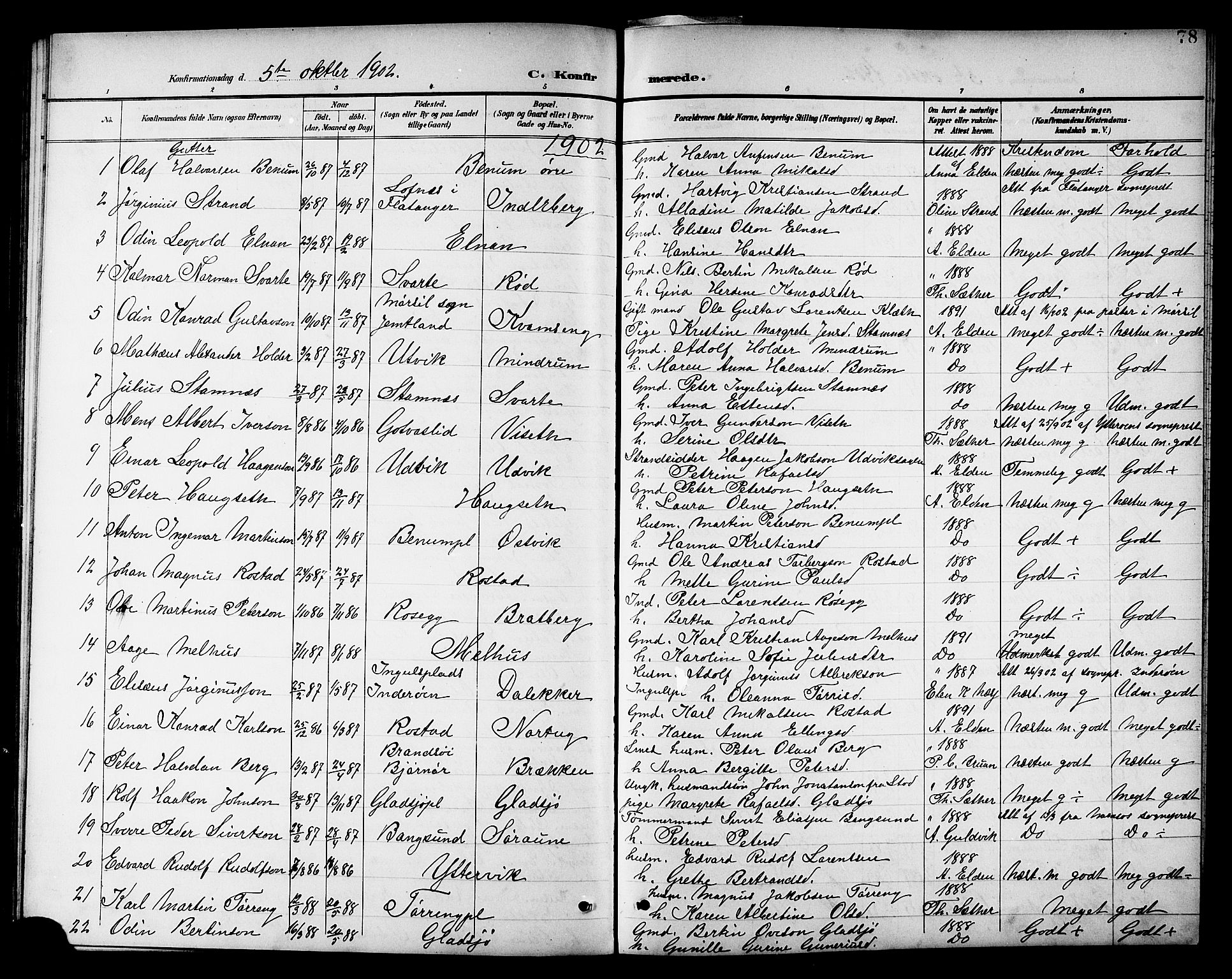 Ministerialprotokoller, klokkerbøker og fødselsregistre - Nord-Trøndelag, SAT/A-1458/741/L0401: Parish register (copy) no. 741C02, 1899-1911, p. 78