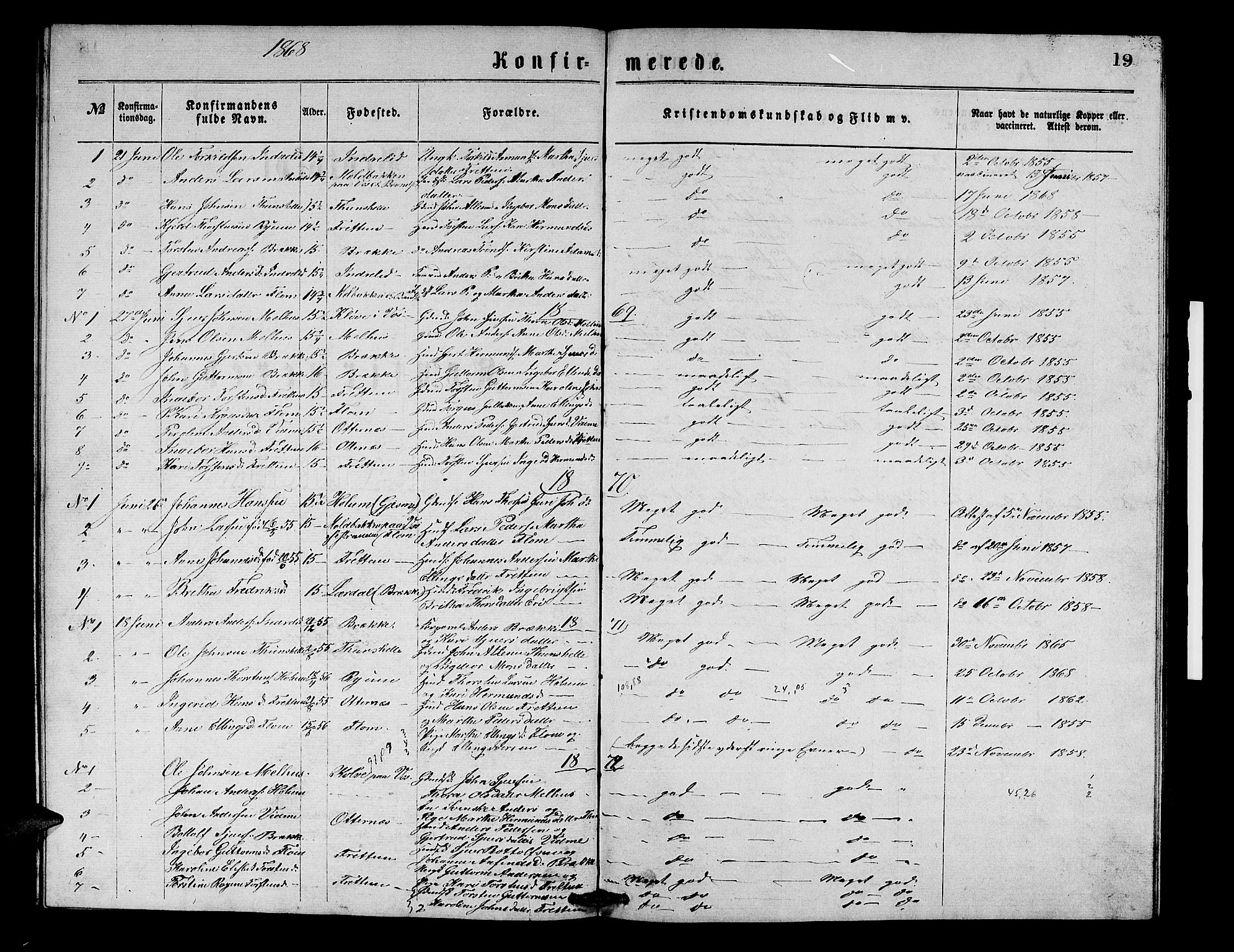 Aurland sokneprestembete, SAB/A-99937/H/Hb/Hbb/L0001: Parish register (copy) no. B 1, 1868-1887, p. 19