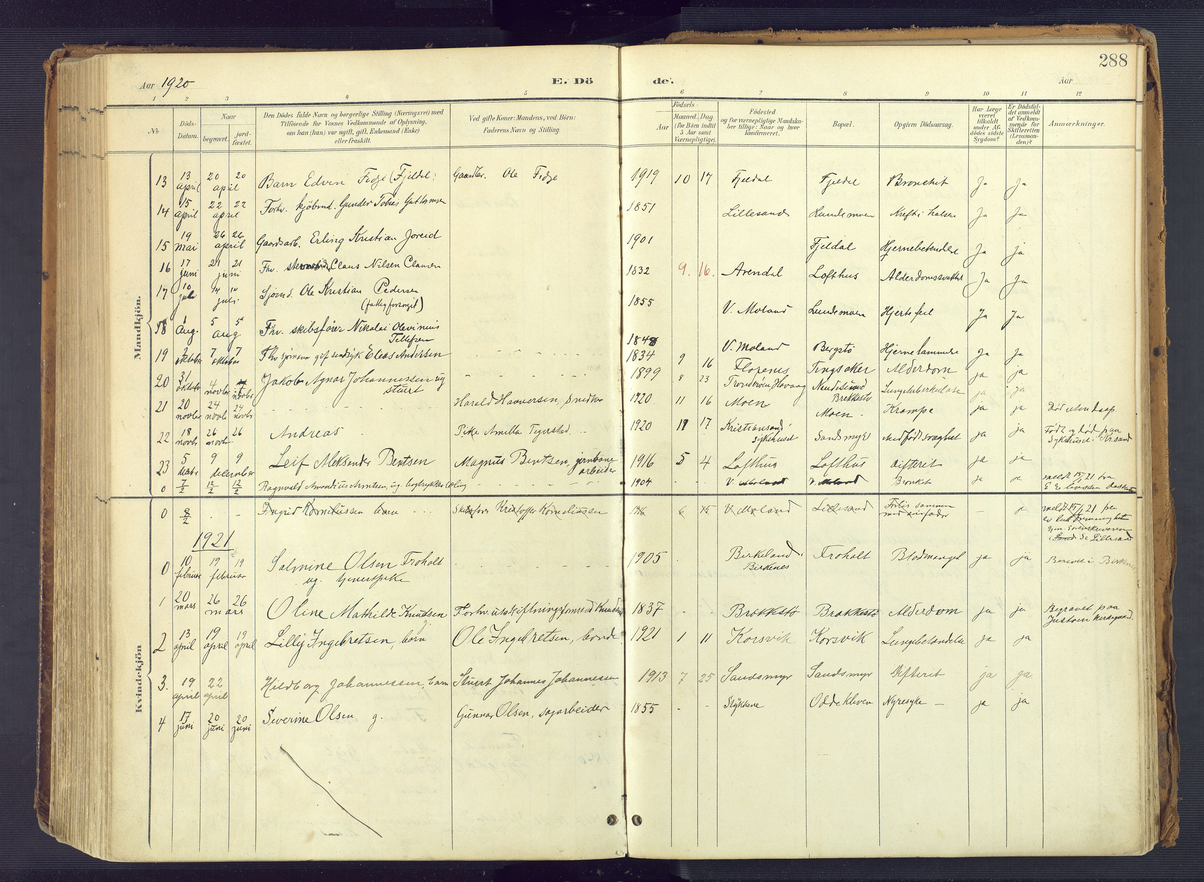 Vestre Moland sokneprestkontor, SAK/1111-0046/F/Fa/Fab/L0010: Parish register (official) no. A 10, 1900-1926, p. 288