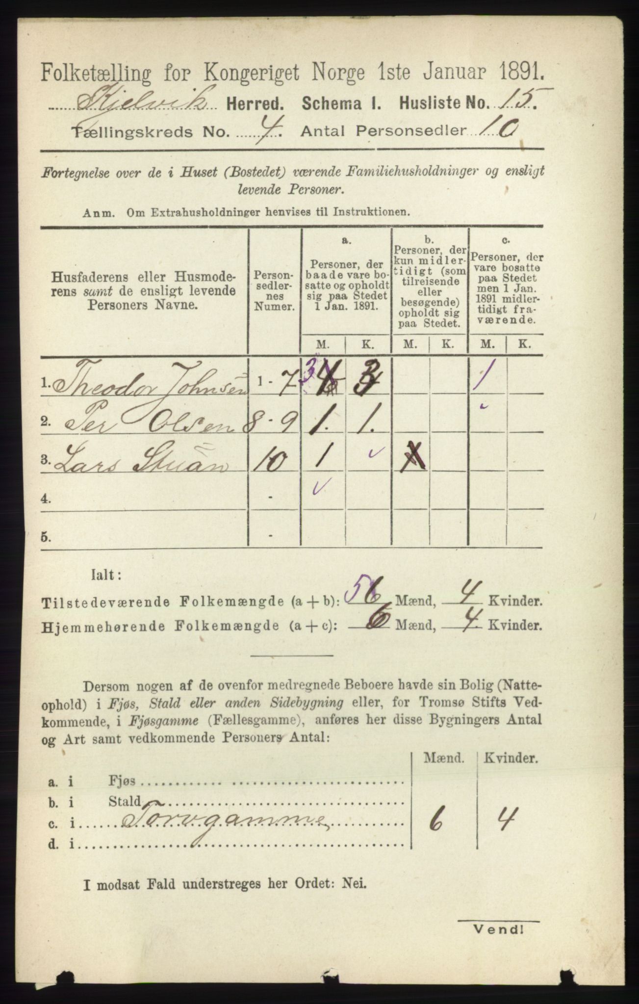 RA, 1891 census for 2019 Kjelvik, 1891, p. 421