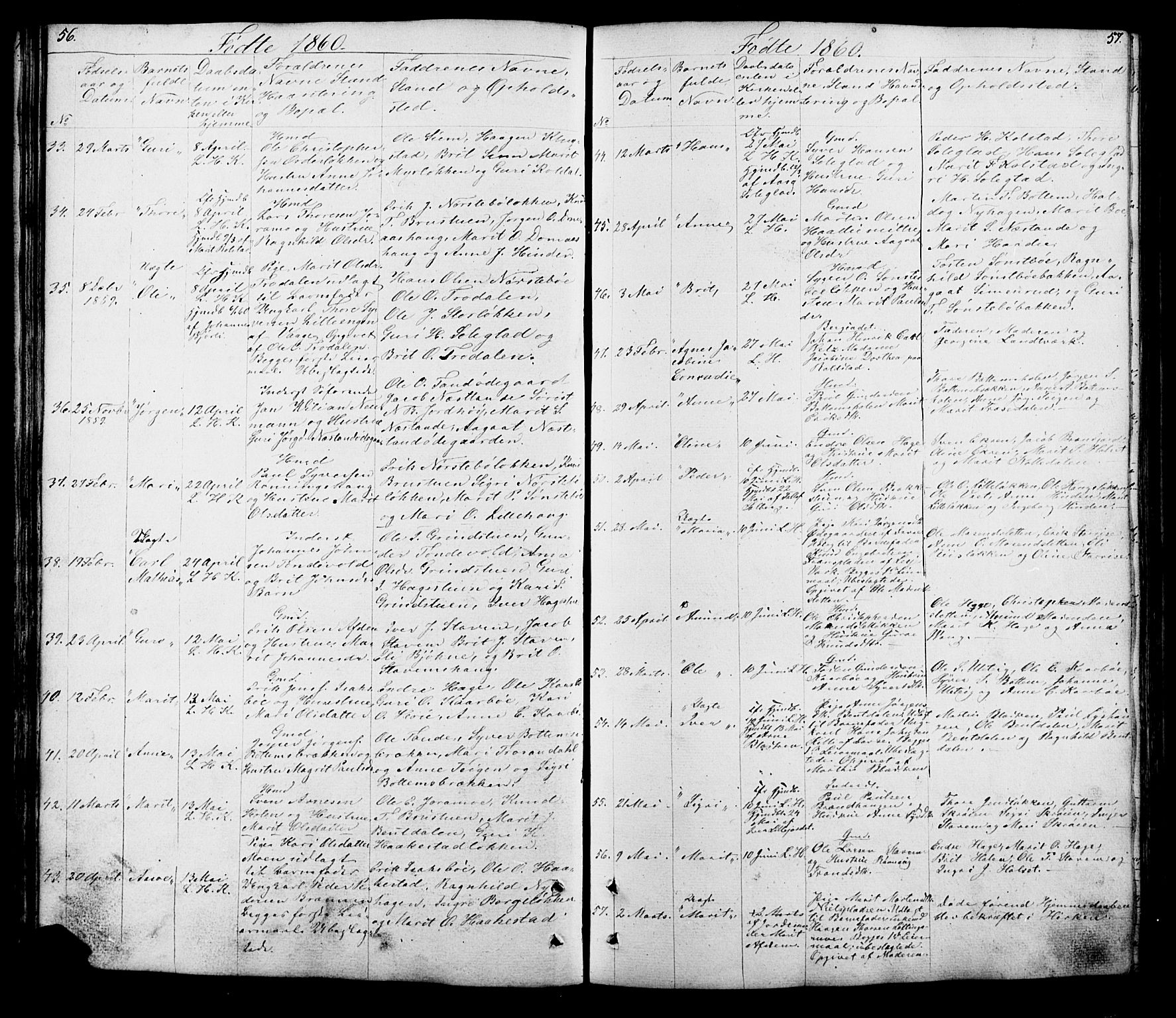 Lesja prestekontor, SAH/PREST-068/H/Ha/Hab/L0005: Parish register (copy) no. 5, 1850-1894, p. 56-57