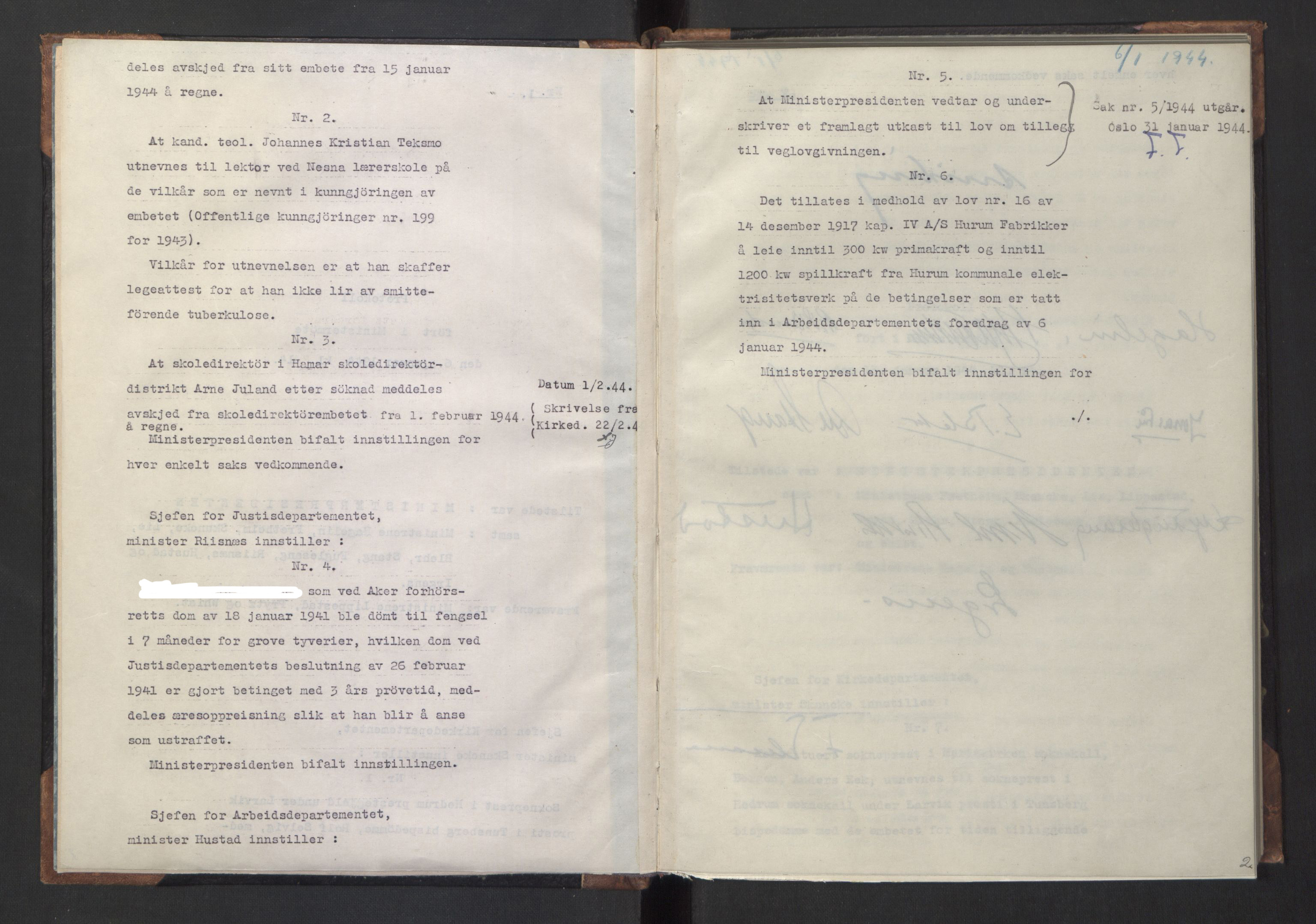 NS-administrasjonen 1940-1945 (Statsrådsekretariatet, de kommisariske statsråder mm), AV/RA-S-4279/D/Da/L0005: Protokoll fra ministermøter, 1944, p. 4