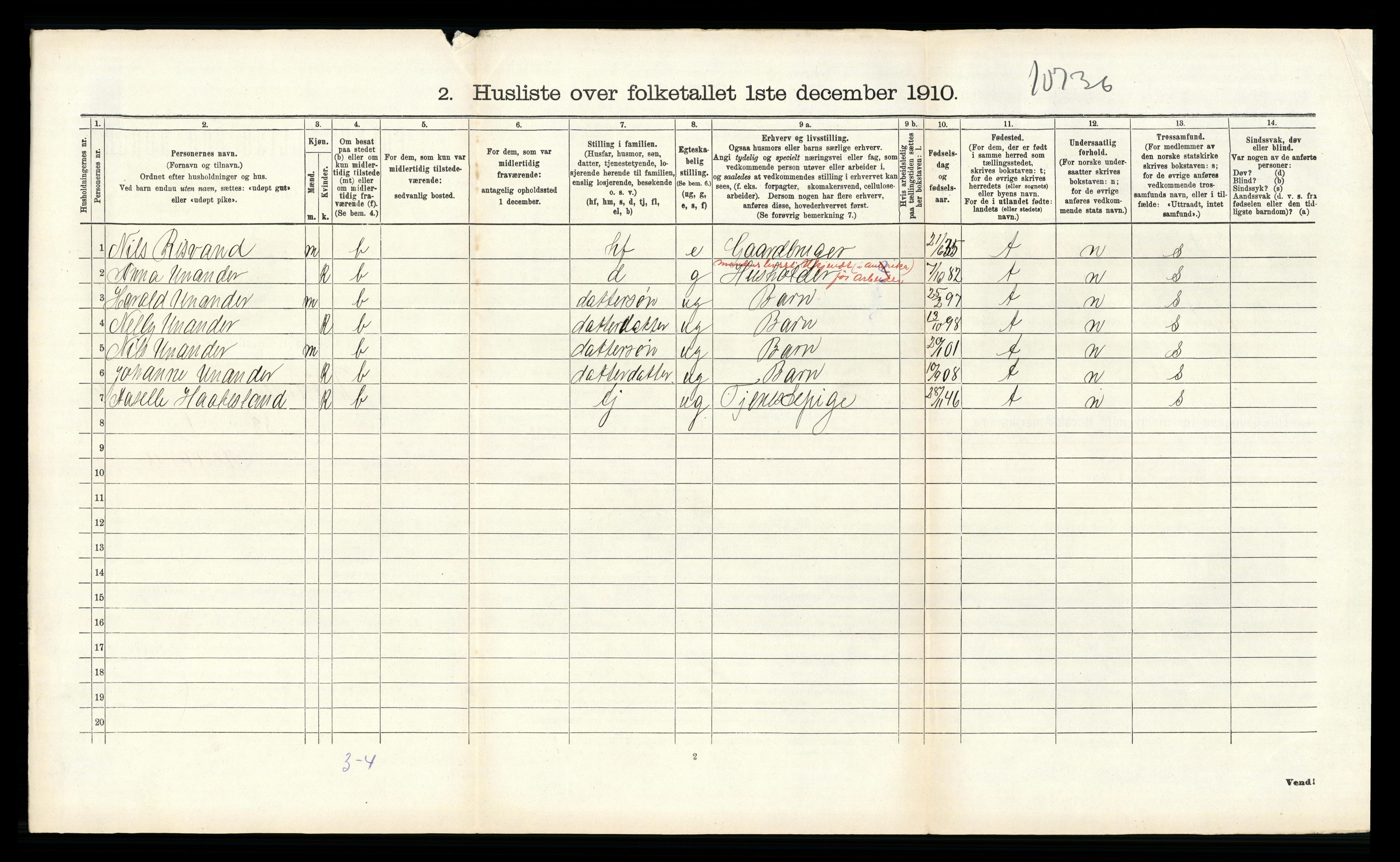 RA, 1910 census for Birkenes, 1910, p. 729