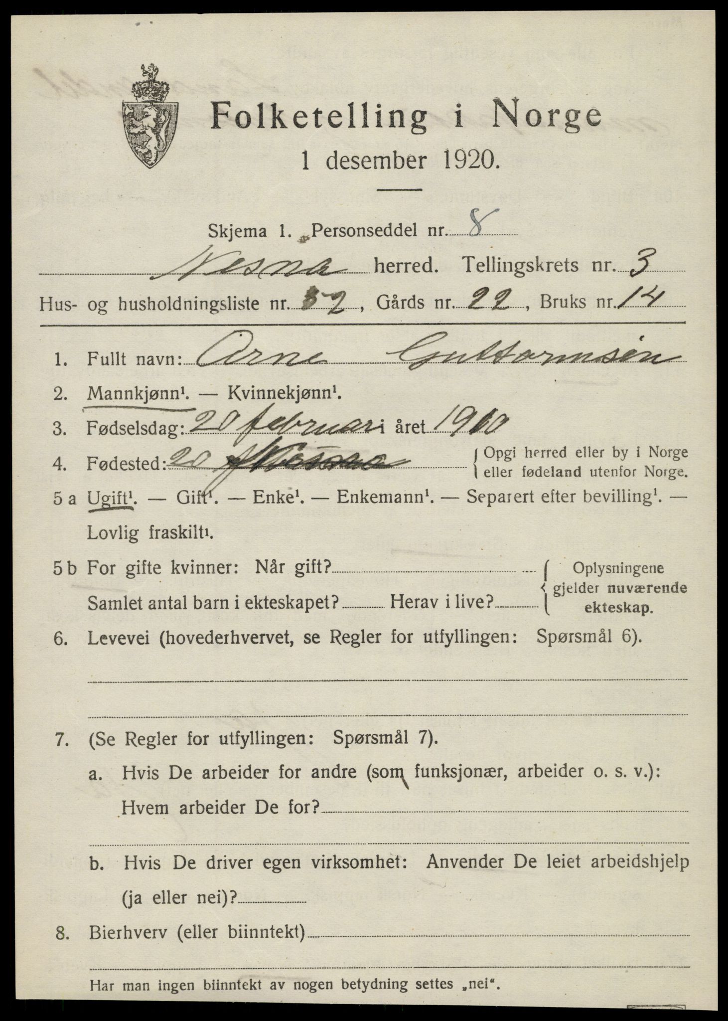 SAT, 1920 census for Nesna, 1920, p. 3233