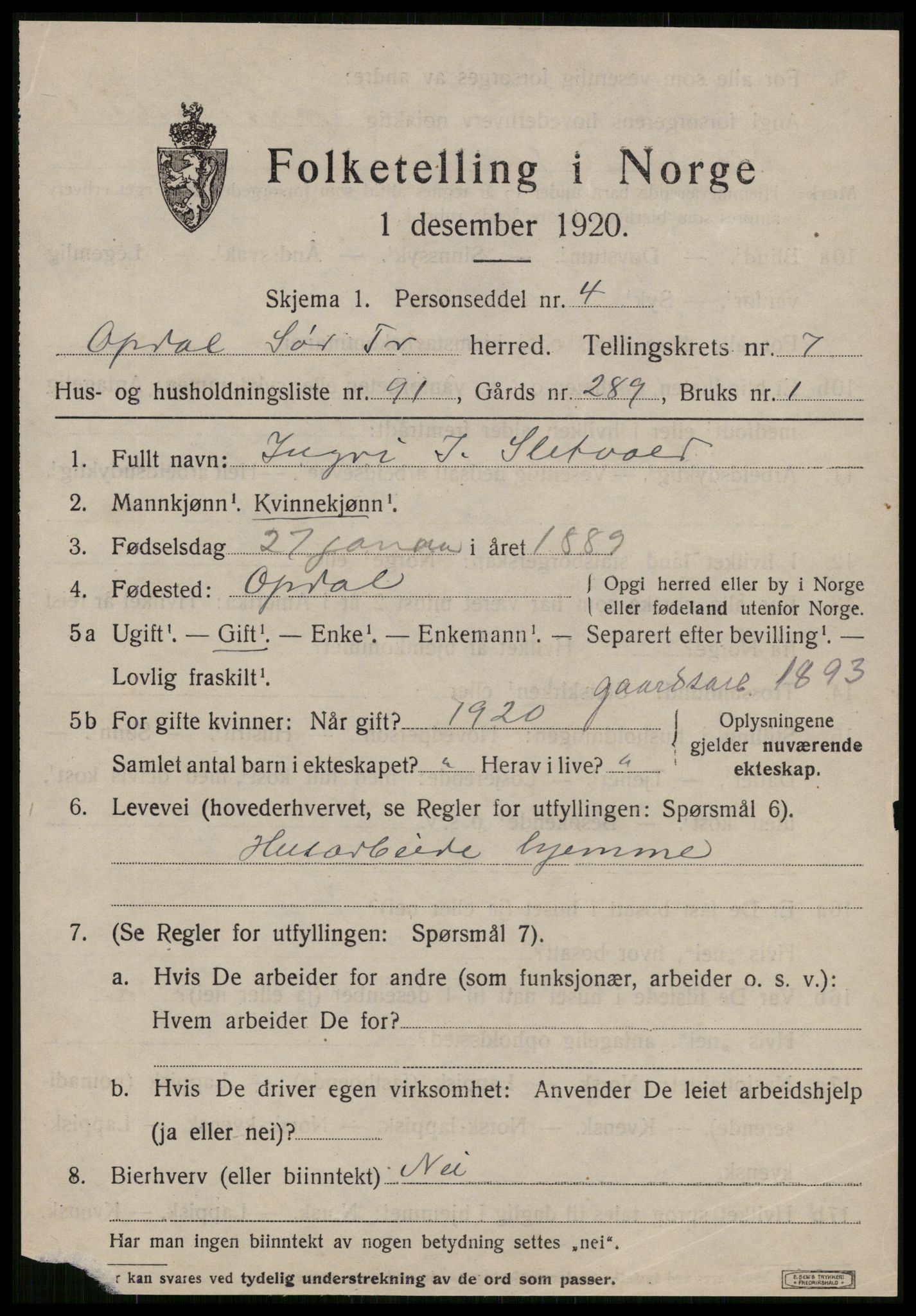 SAT, 1920 census for Oppdal, 1920, p. 6801