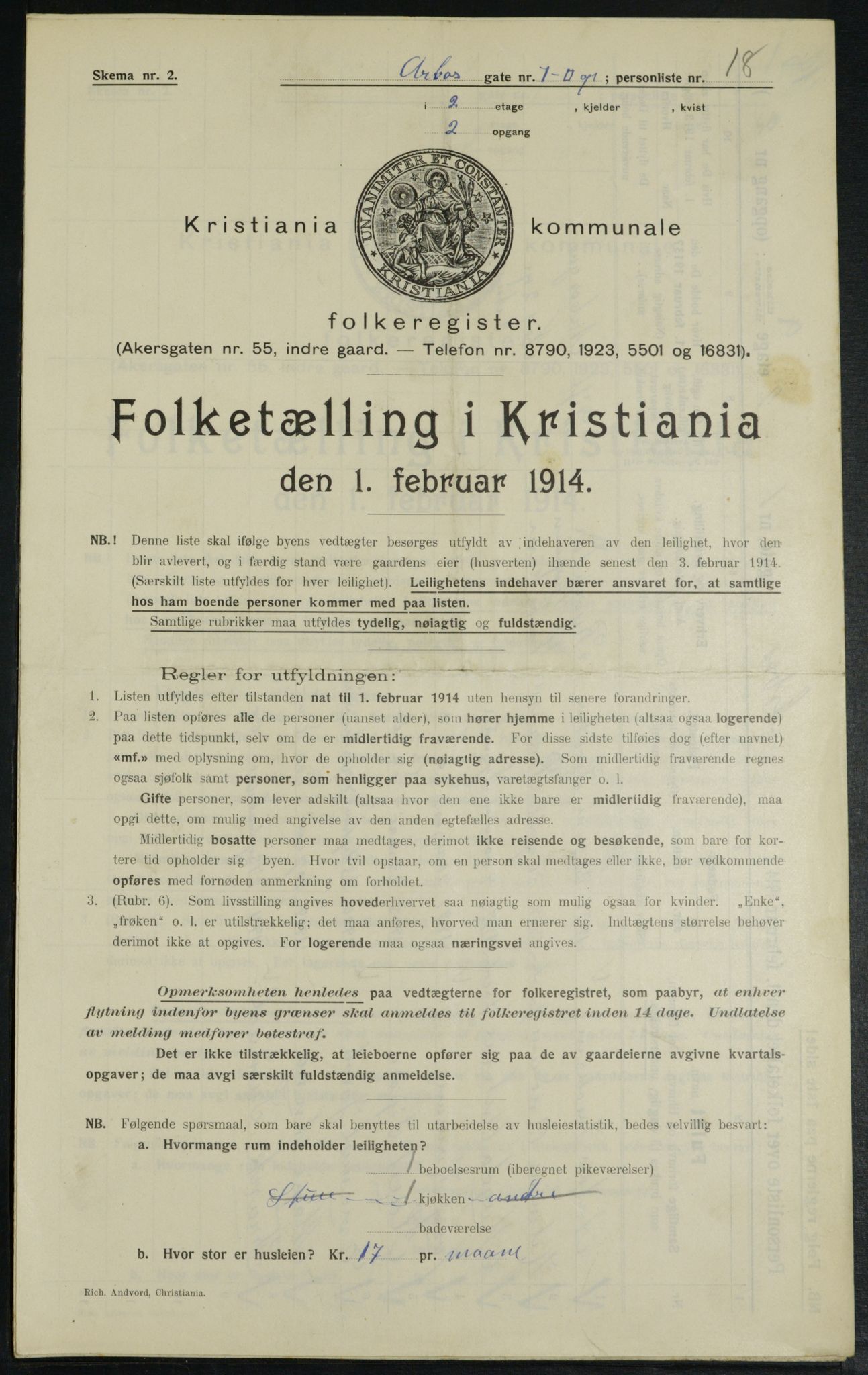 OBA, Municipal Census 1914 for Kristiania, 1914, p. 1726