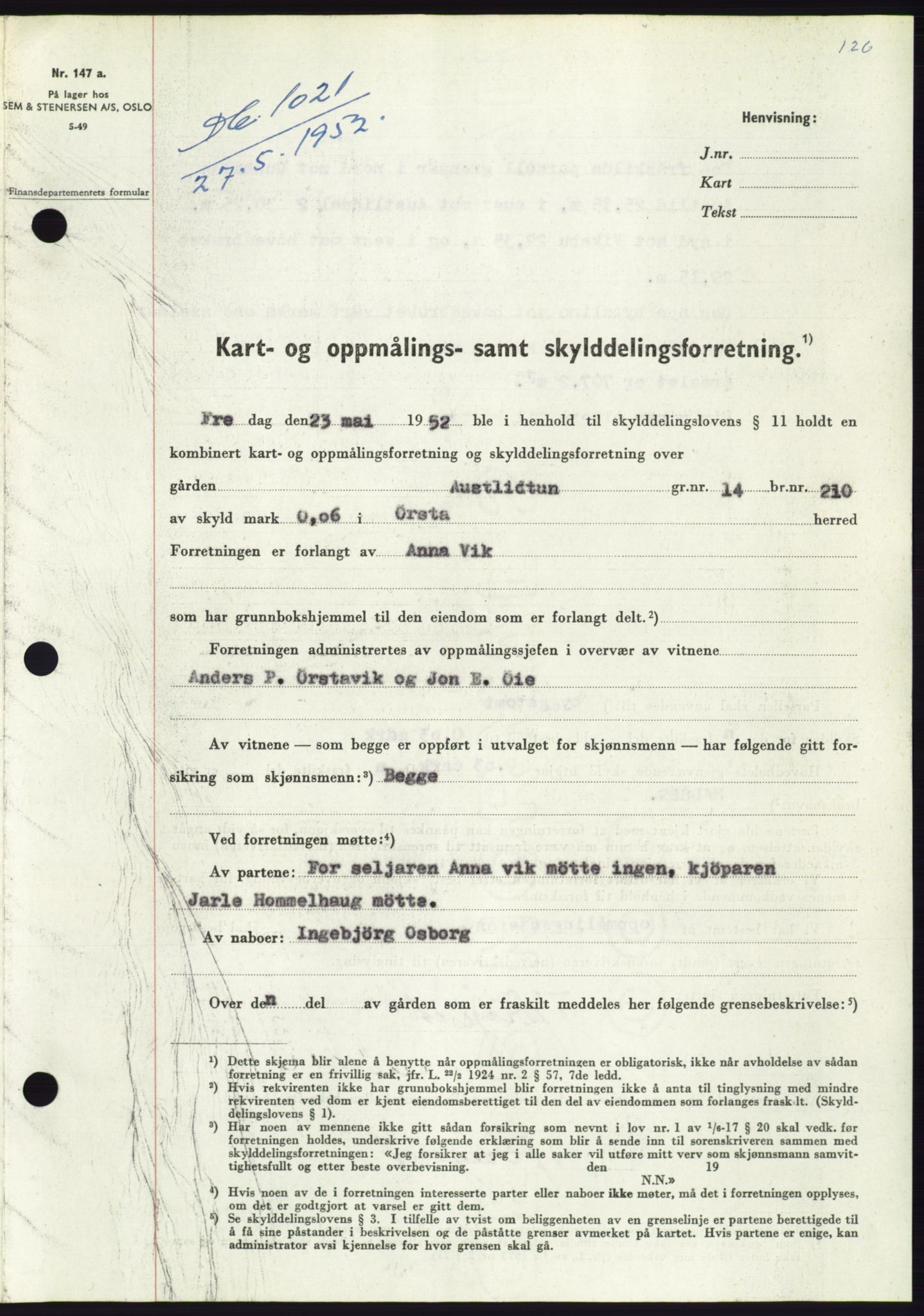 Søre Sunnmøre sorenskriveri, AV/SAT-A-4122/1/2/2C/L0092: Mortgage book no. 18A, 1952-1952, Diary no: : 1021/1952