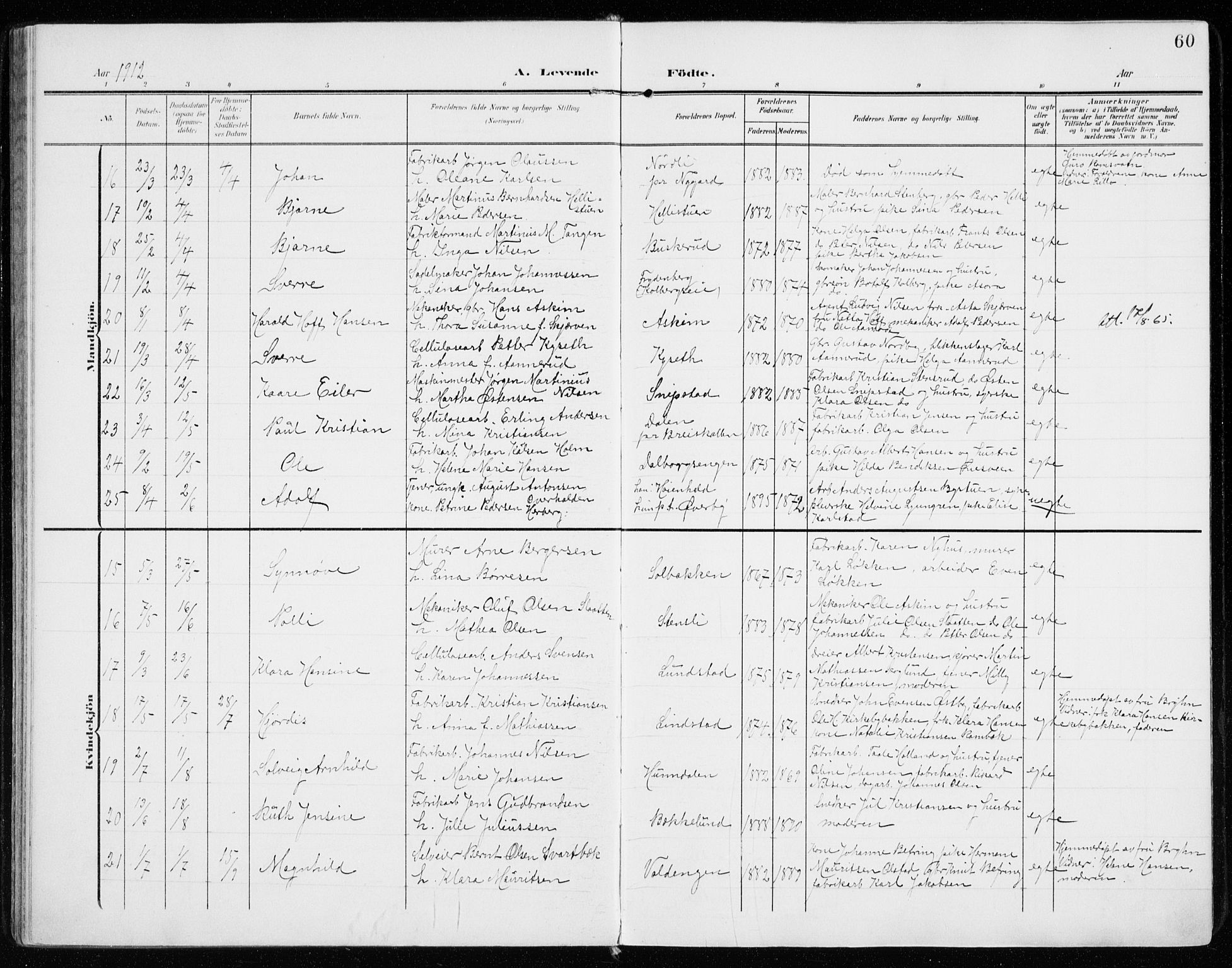 Vardal prestekontor, AV/SAH-PREST-100/H/Ha/Haa/L0016: Parish register (official) no. 16, 1904-1916, p. 60