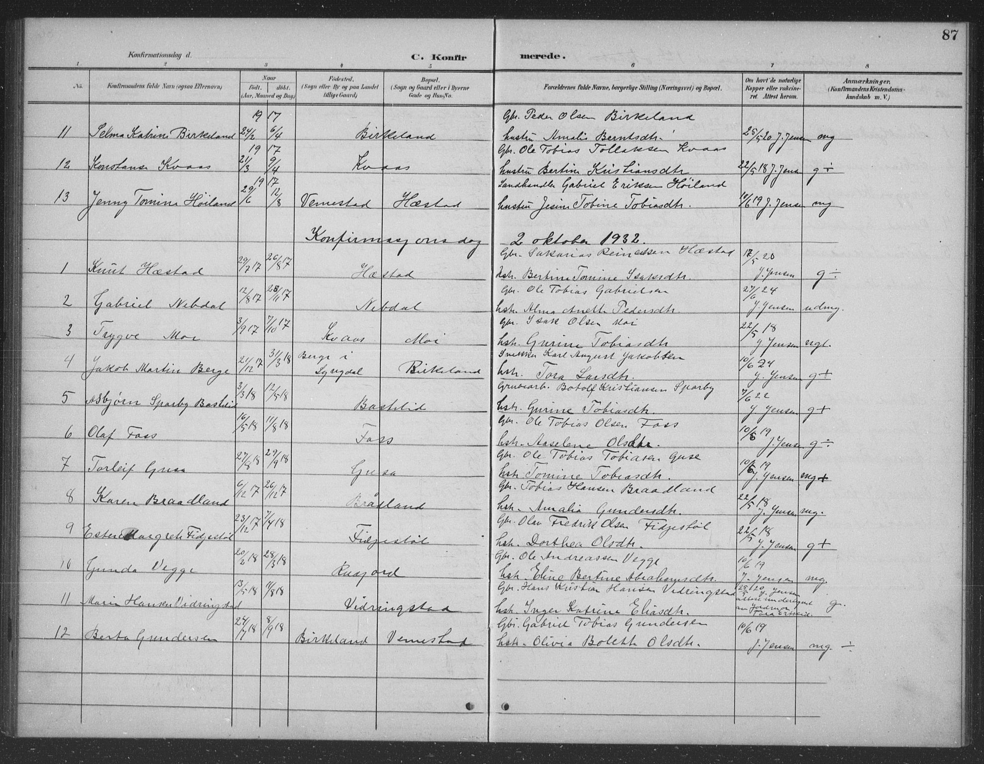 Lyngdal sokneprestkontor, AV/SAK-1111-0029/F/Fb/Fbb/L0002: Parish register (copy) no. B 2, 1901-1934, p. 87