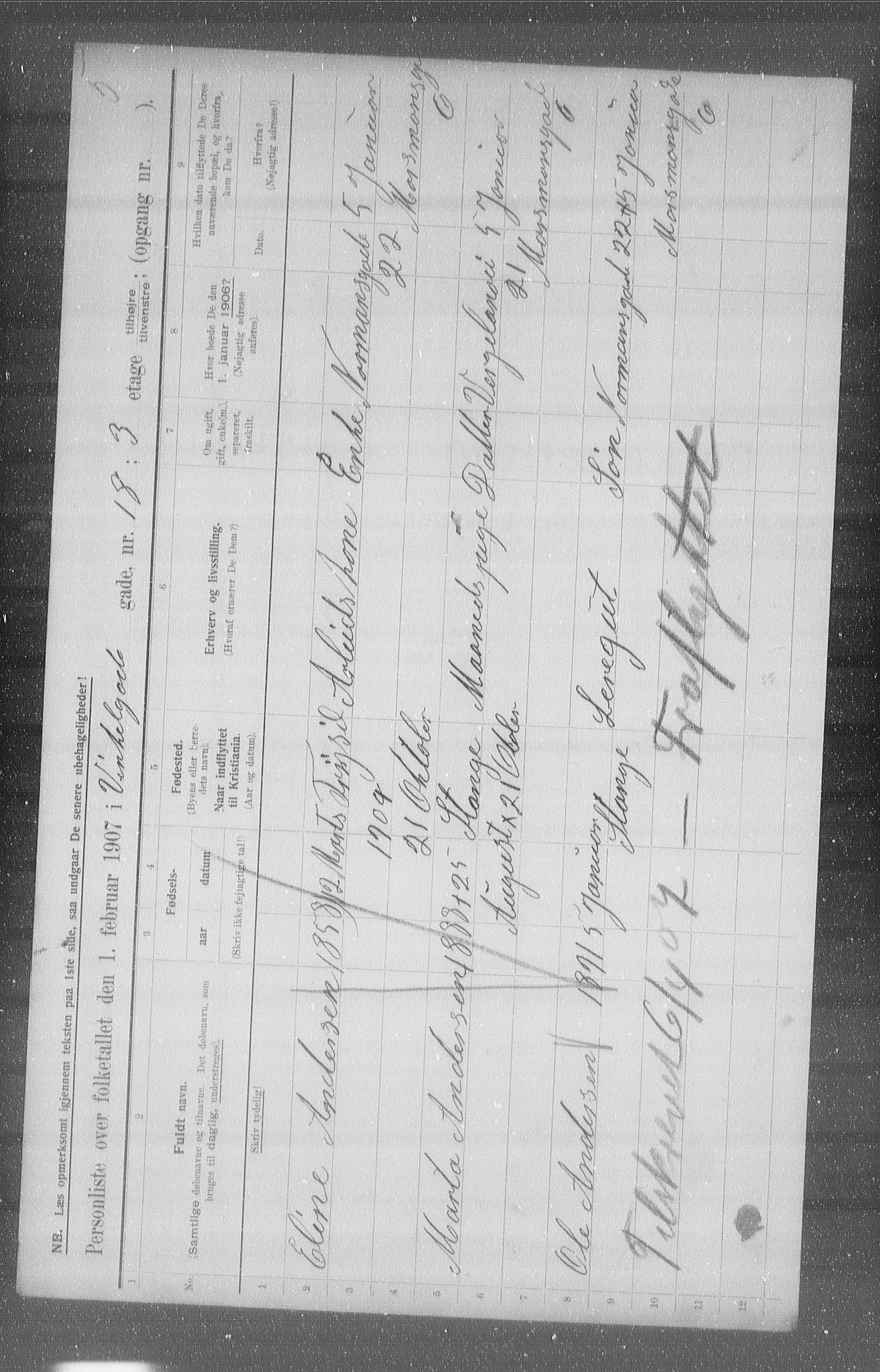 OBA, Municipal Census 1907 for Kristiania, 1907, p. 63125