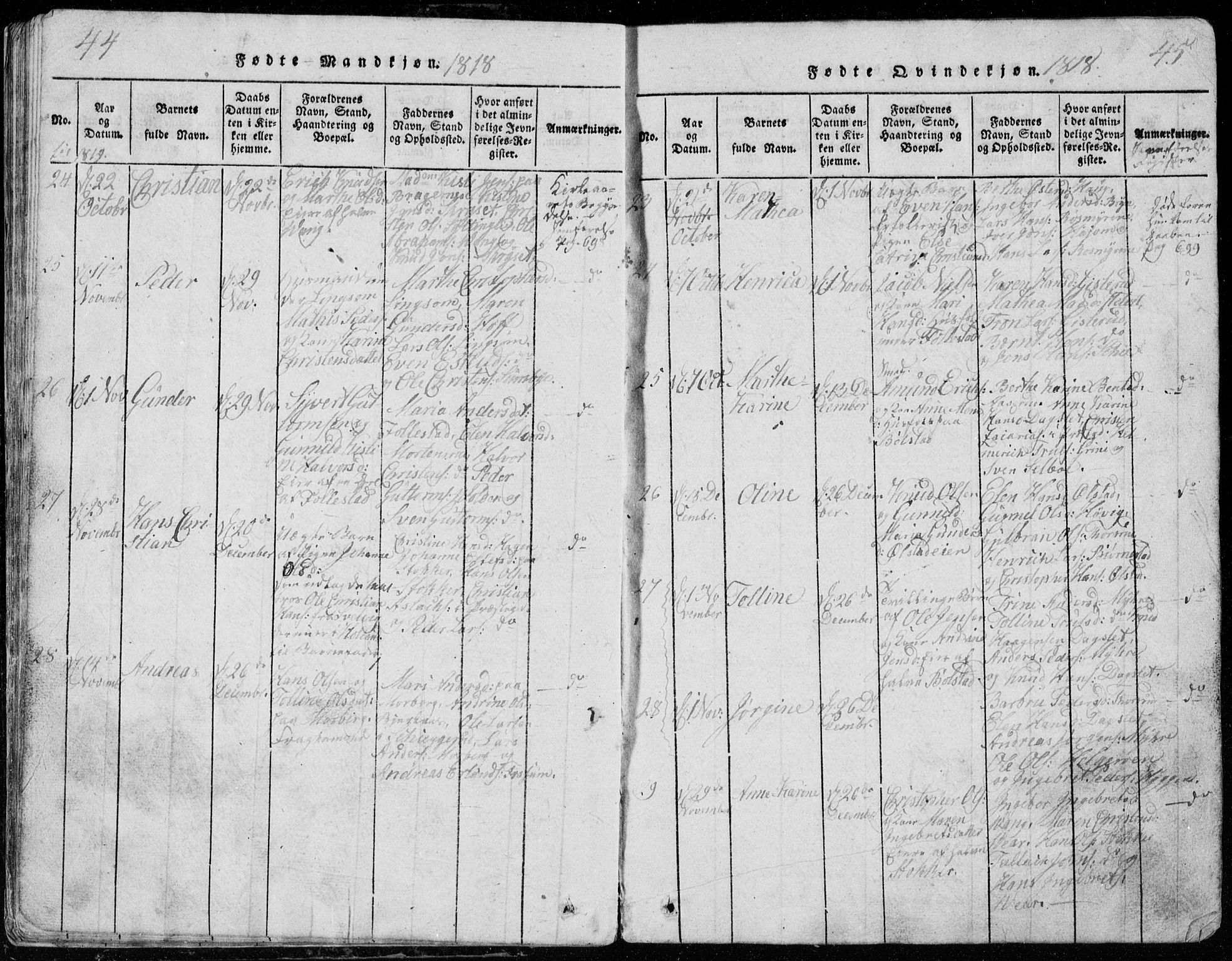 Røyken kirkebøker, SAKO/A-241/G/Ga/L0003: Parish register (copy) no. 3, 1814-1856, p. 44-45