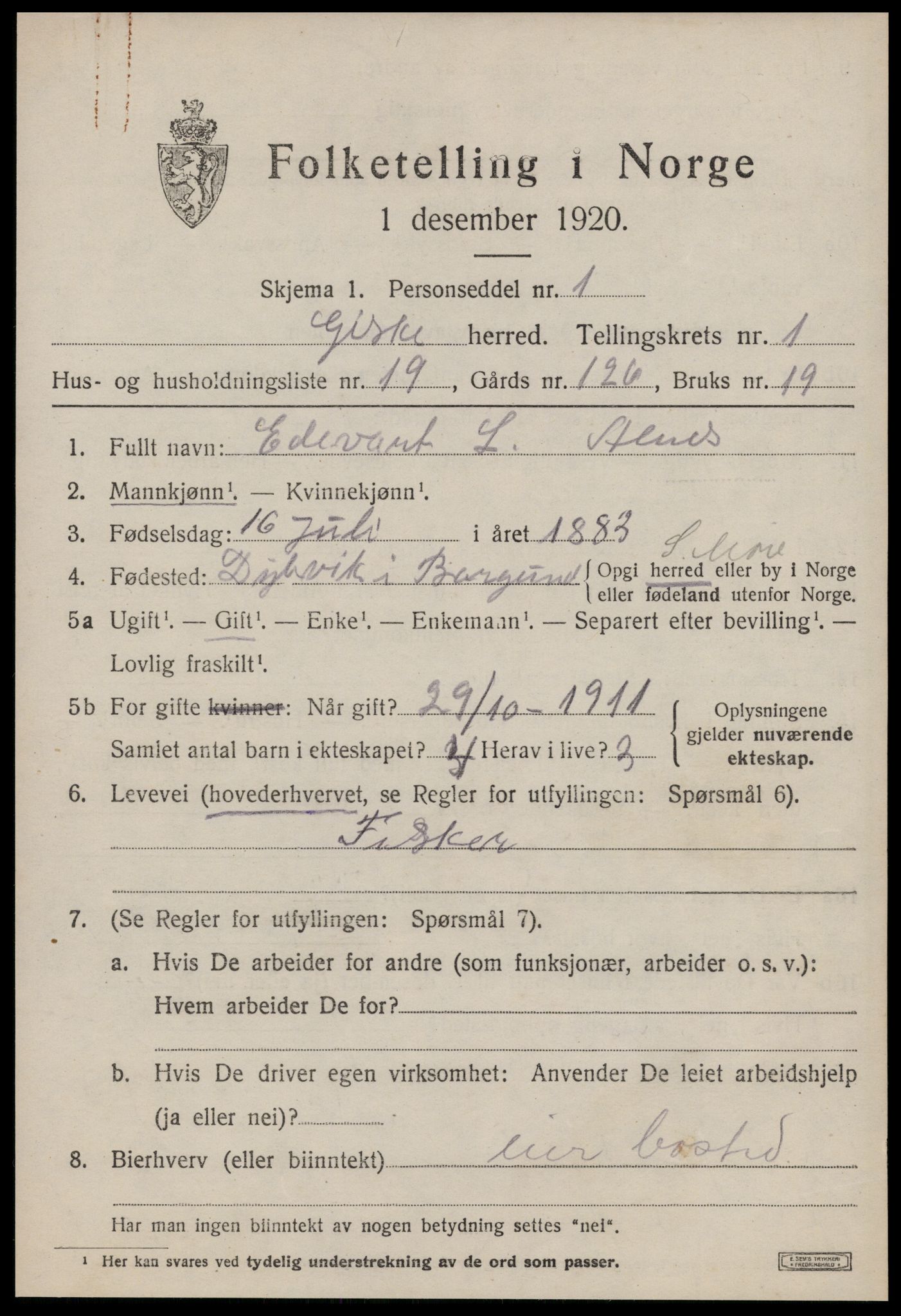 SAT, 1920 census for Giske, 1920, p. 834