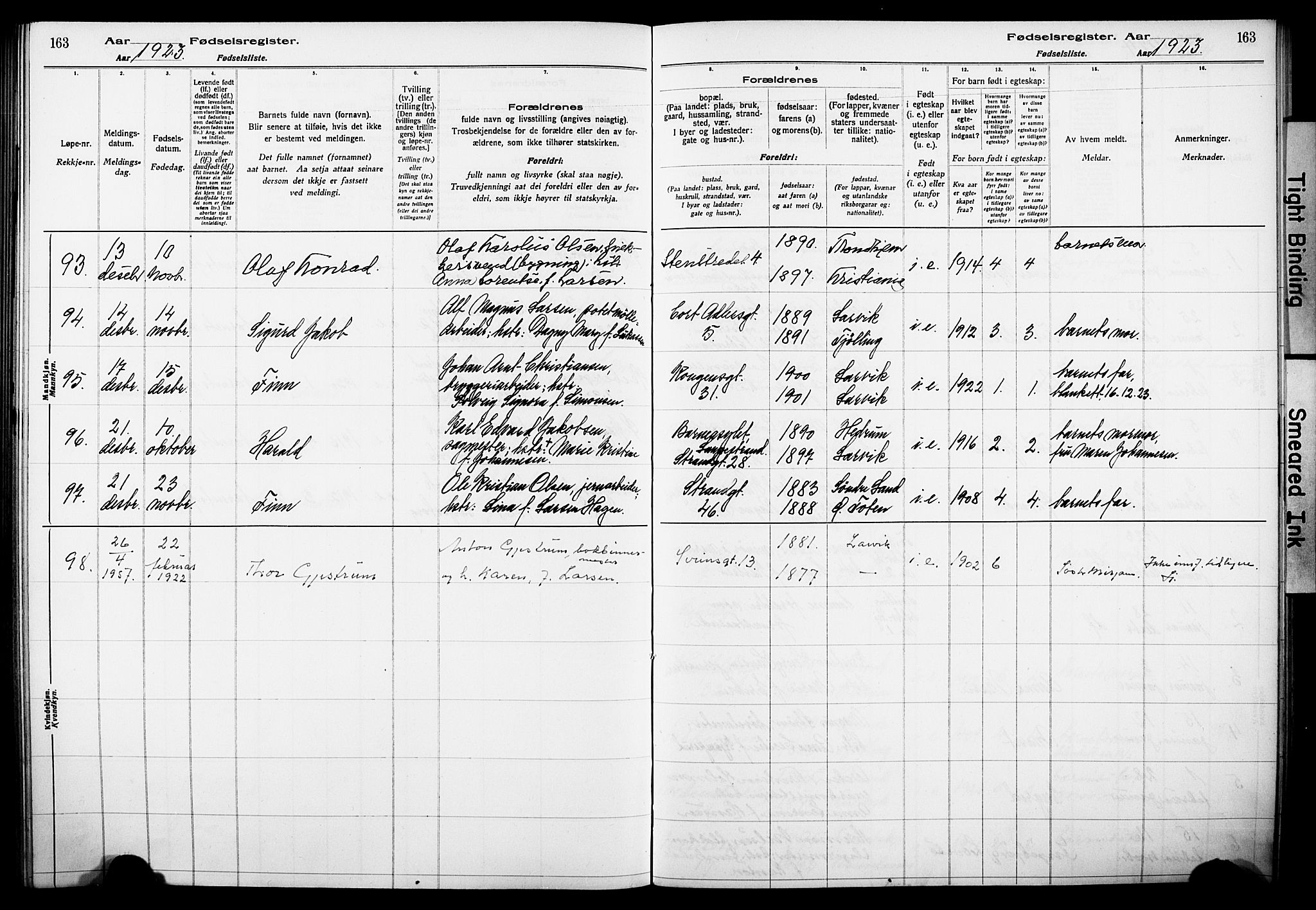 Larvik kirkebøker, AV/SAKO-A-352/J/Ja/L0001: Birth register no. I 1, 1916-1926, p. 163