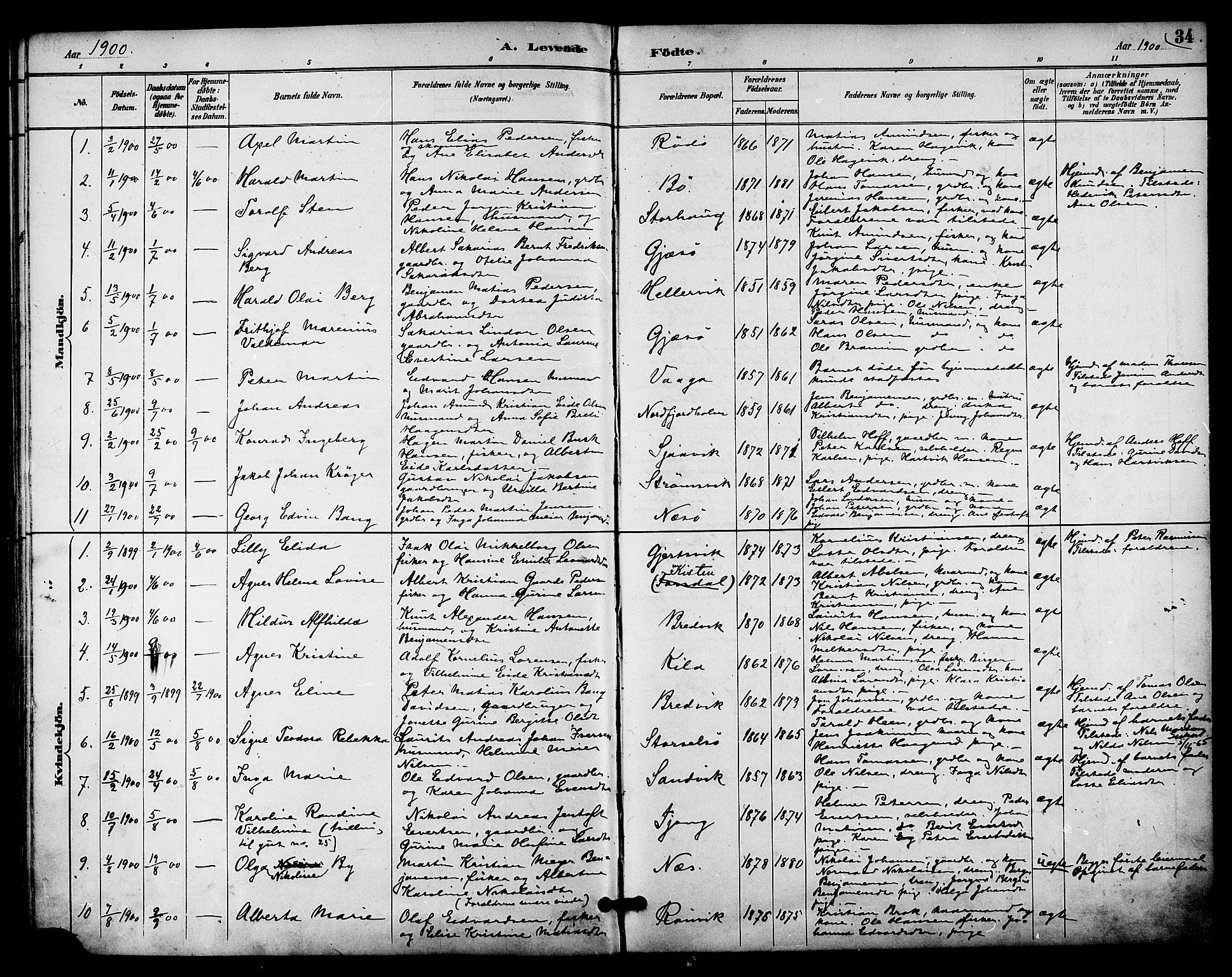Ministerialprotokoller, klokkerbøker og fødselsregistre - Nordland, AV/SAT-A-1459/841/L0610: Parish register (official) no. 841A14, 1890-1901, p. 34