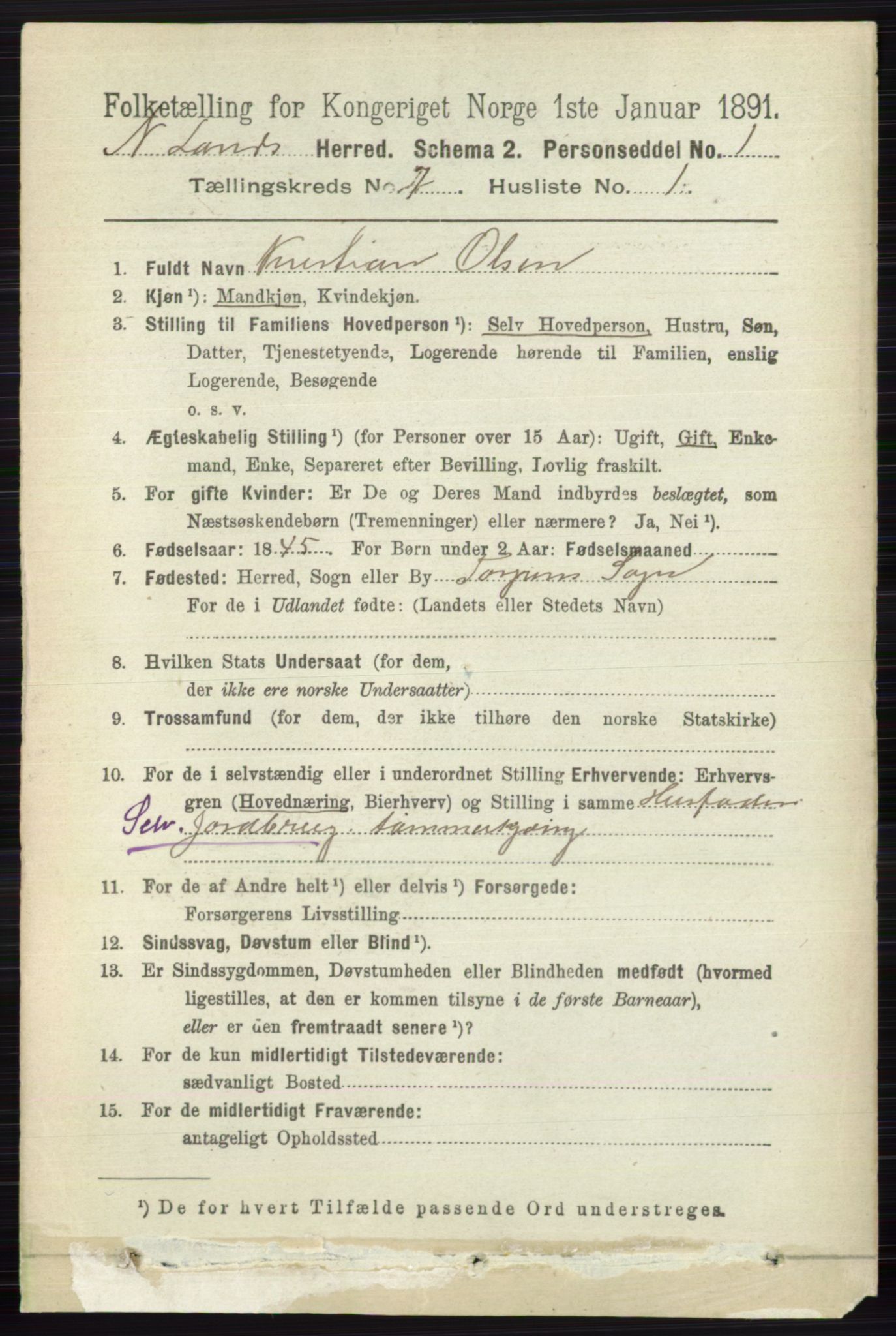 RA, 1891 census for 0538 Nordre Land, 1891, p. 1935