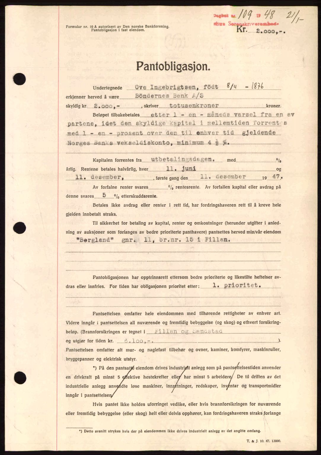 Hitra sorenskriveri, AV/SAT-A-0018/2/2C/2Ca: Mortgage book no. B1, 1939-1949, Diary no: : 109/1948